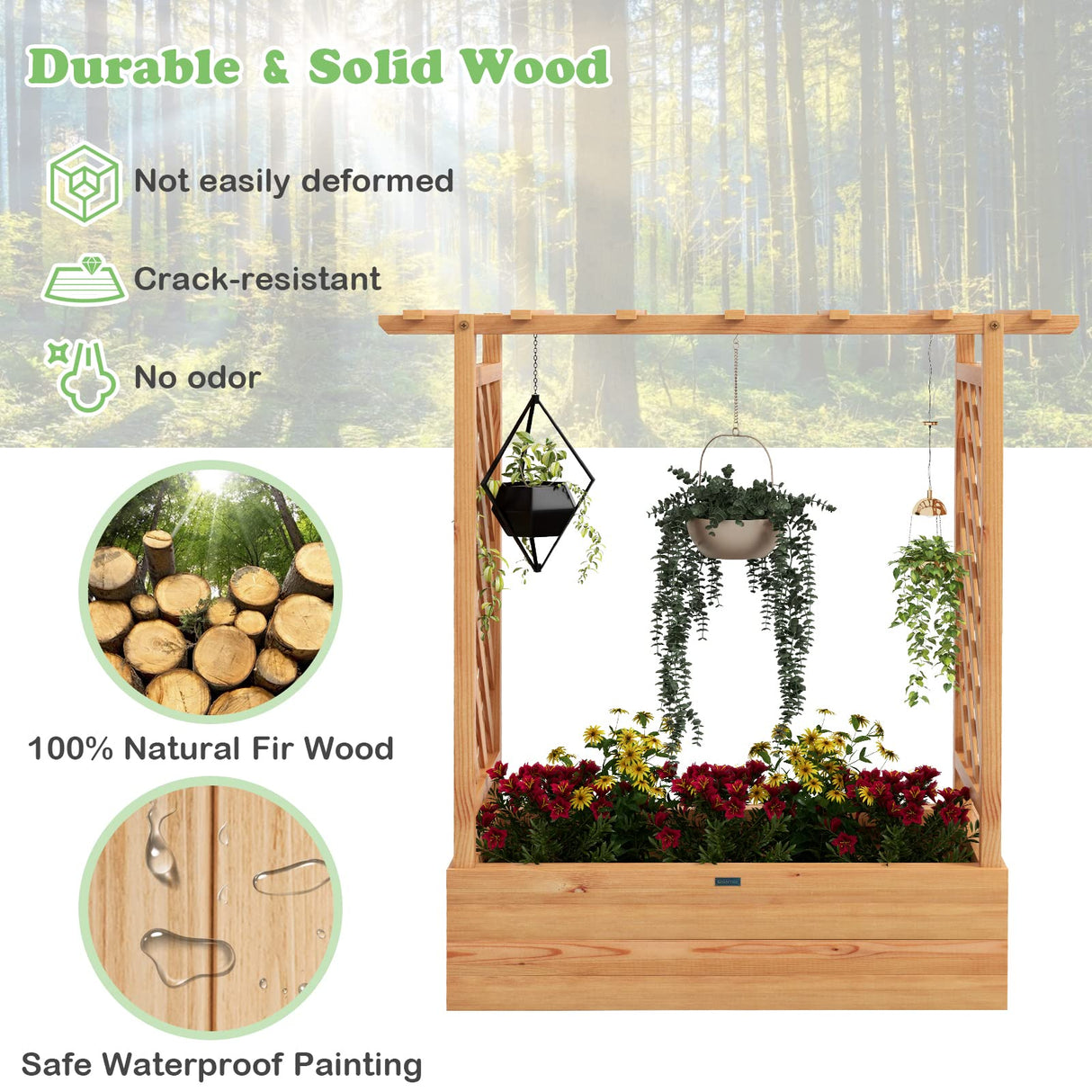 HAPPYGRILL Raised Garden Bed with Trellis, Freestanding Garden Planter Box with Side & Top Trellis, Drainage Holes, Wooden Planter Raised Bed for Vine Climbing Plants, Vegetables, Flowers, Herbs HAPPYGRILL