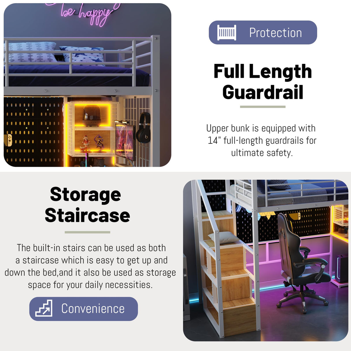 MoproBeti Twin Size Loft Bed with Desk and Storage Stairs,Metal Gaming Twin Loft Bed with LED Lighting, High Loft Bed with Wardrobe and Shelves for Boys,Girls,Teens, Adults,White MoproBeti