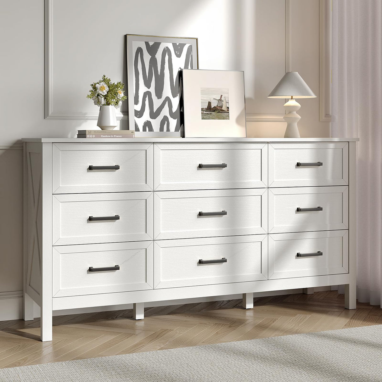 BAZELOR Farmhouse 9 Drawers Dresser for Bedroom, Wood Rustic Wide Chest with Metal Handles, Storage Dressers Organizer for Bedroom, Hallway, Entryway, White BAZELOR