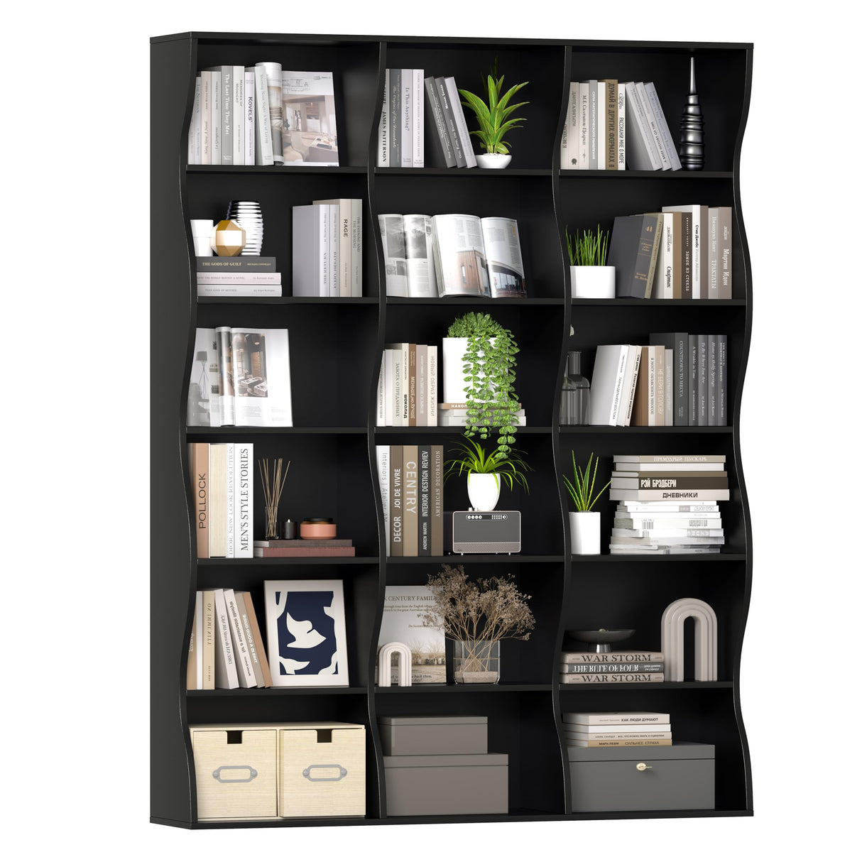 Gyfimoie 71" Triple Wide Bookshelf, 6 Tier Tall Bookcase with Storage, Large Book Shelves with 18 Open Display Shelves, Black Bookcase for Living Room, Study, Home Office, Library (Black) Gyfimoie