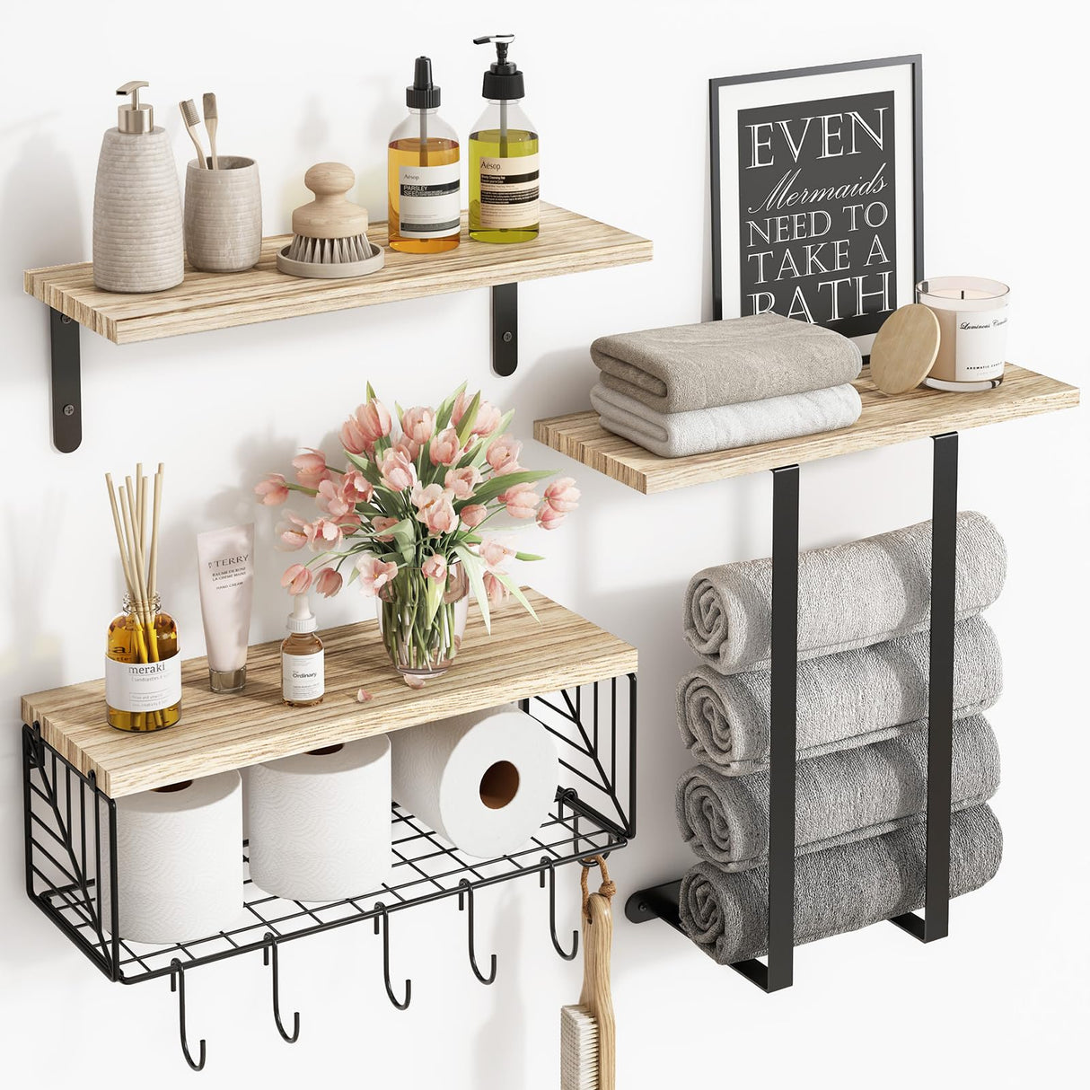 Fixwal Bathroom Floating Shelves Over Toilet Wall Shelves Set with Towel Storage Rack for Bathroom Organization & Wall Decor(Rustic Brown) Fixwal