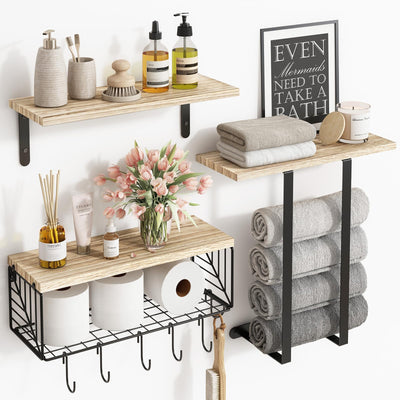 Fixwal Bathroom Floating Shelves Over Toilet Wall Shelves Set with Towel Storage Rack for Bathroom Organization & Wall Decor(Rustic Brown)