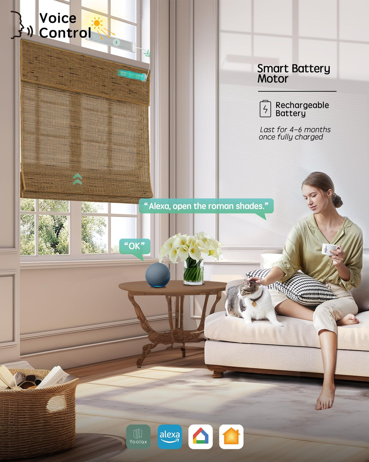 Yoolax Motorized Bamboo Roman Blinds with Remote, Roman Shades for Indoor Windows, Smart Blinds with Voice Control, Compatible with Alexa Google Home, APP Control, Custom Size, Bamboo Brown Yoolax