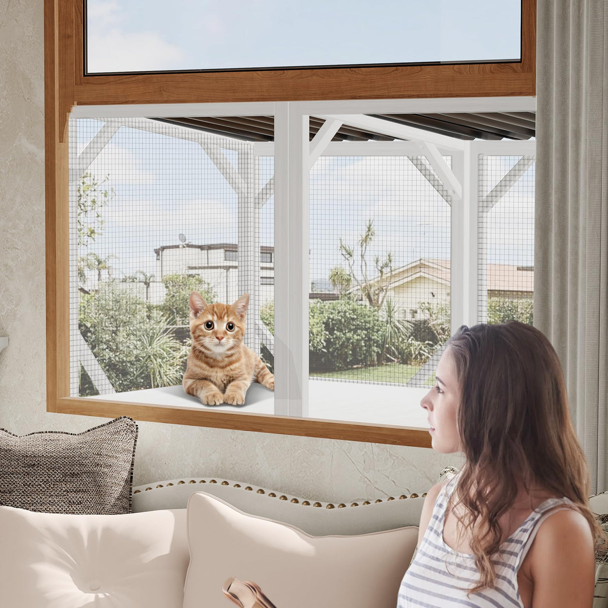 Cat Window Perch, Cat Catio for Large Indoor Cats, Outdoor Pet House Weatherproof, Catio Outdoor Enclosure, Space-Saving Pet Furniture for Window Naps and Sunbathing (Ancient White, 43.3) VKTO