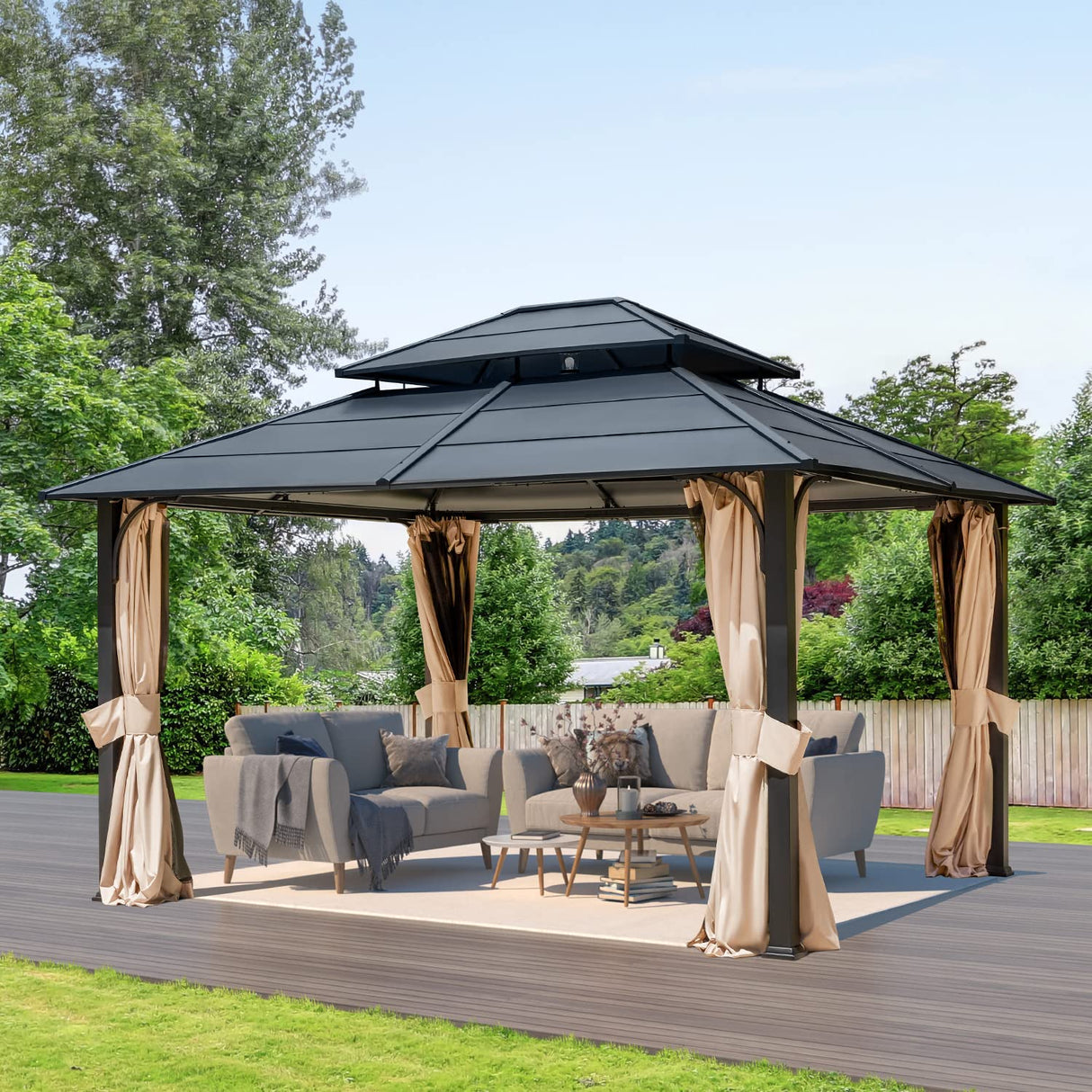 EROMMY 12'x14' Hardtop Gazebo, Double Roof Metal Canopy with Aluminum Frame, Netting and Shaded Curtains Included Permanent Outdoor Pavilion Gazebos for Patio, Backyard, Deck and Lawns EROMMY