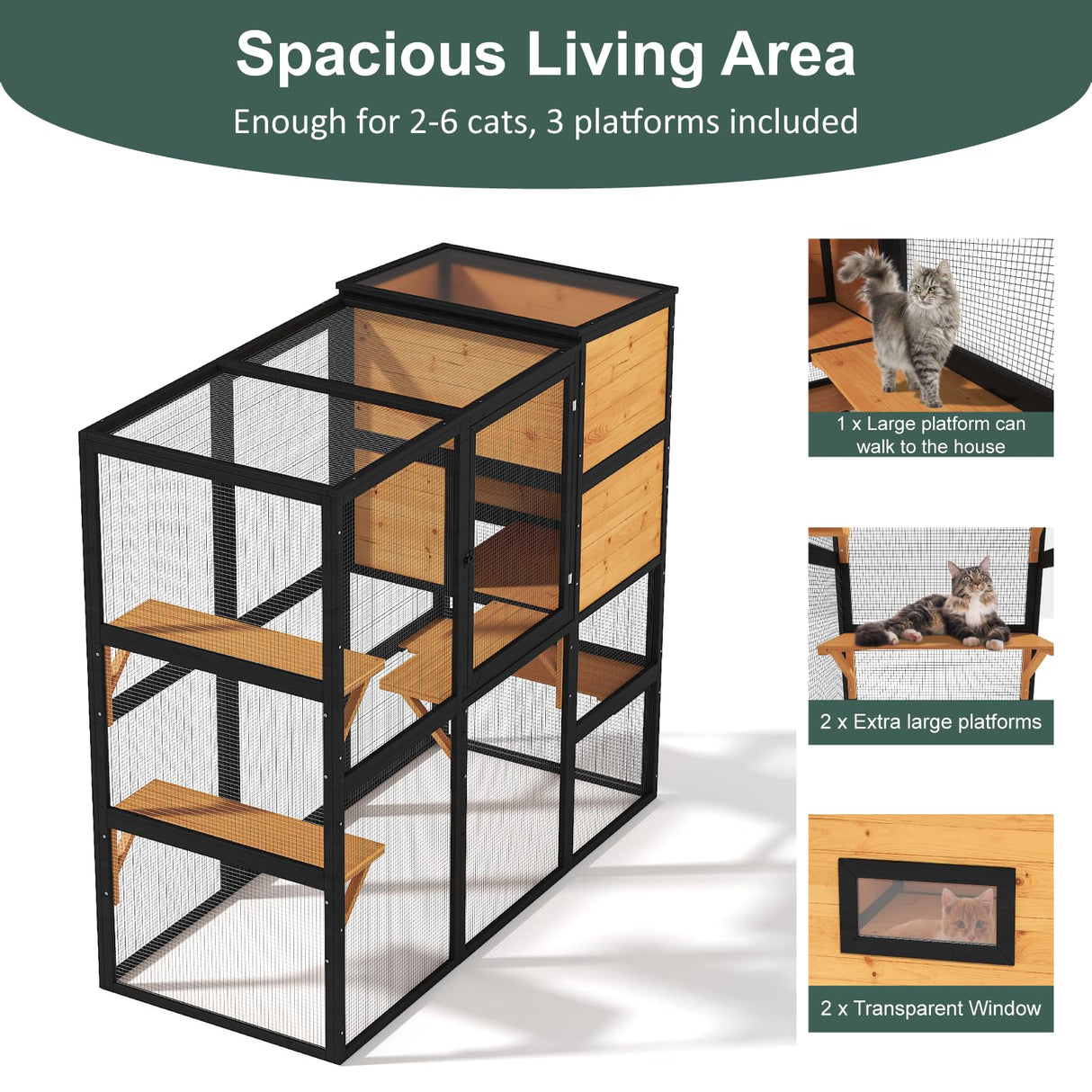 TIMHAKA Catio Outdoor Cat Enclosure, Large 4 Tiers Cat Catio Connect to Window for Outdoor Indoor Cats with Weatherproof Roof, Resting Rooms, Platforms, Large Door, 76" L x 32.9" W x 70.8" H, Black TIMHAKA