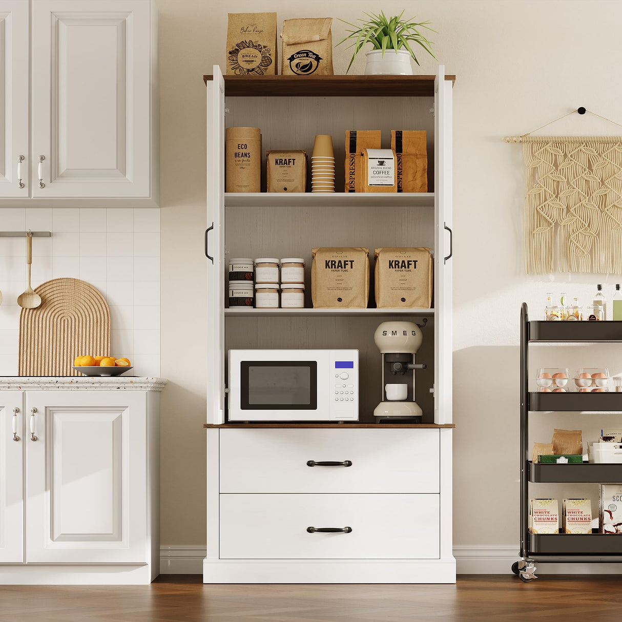 GarveeHome Kitchen Pantry Cabinet, Farmhouse Storage Cabinet with Barn Doors, Drawers and Adjustable Shelves, Versatile Storage for Kitchen, Dining Room, Rustic White GarveeHome