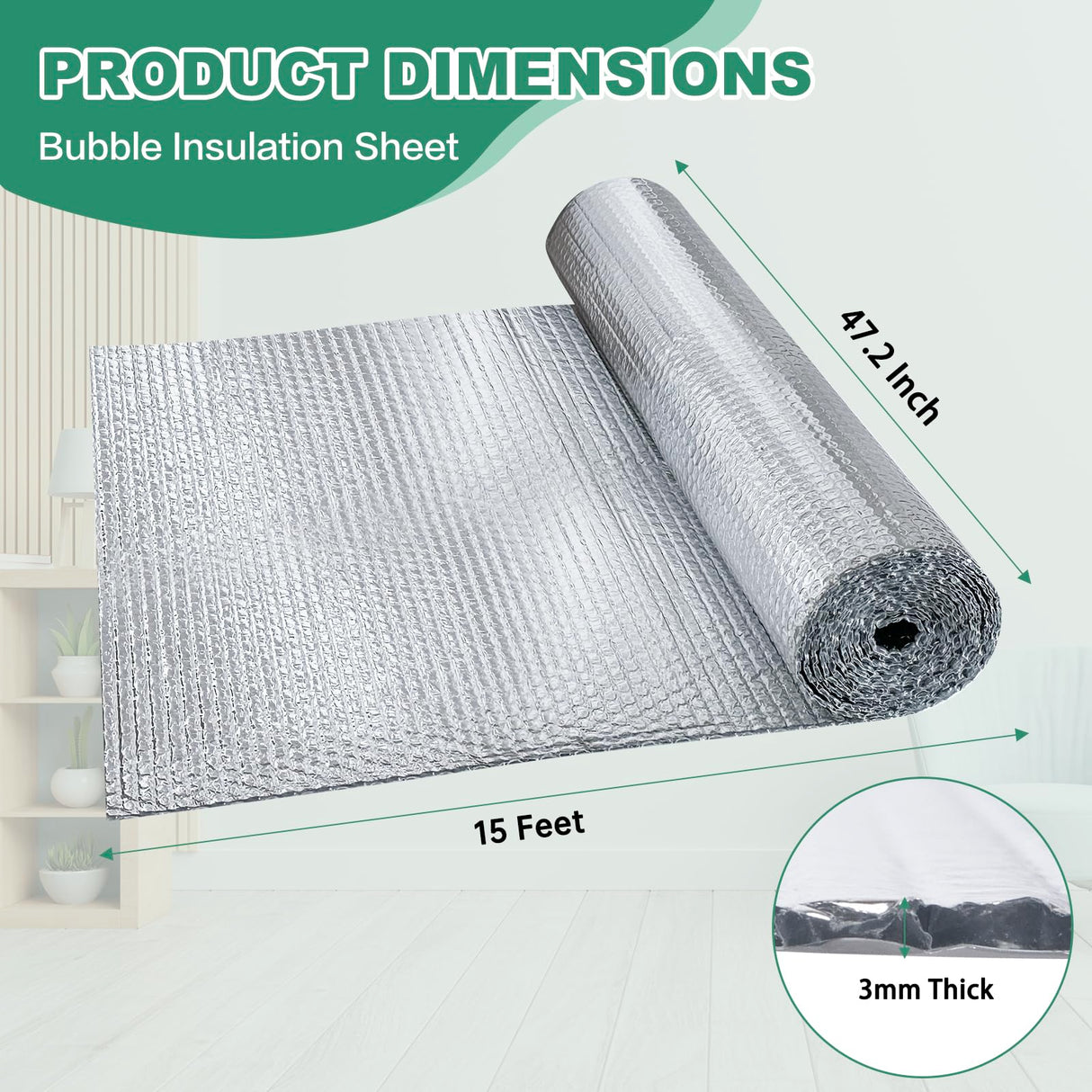 Reflective Bubble Insulation Sheet, Double Side Aluminum Foil Bubble Shield, Aluminum Foil Thermal Insulation Radiant Barrier for Windows, RV, Roof, Garage Door (47IN X 15FT) FONUNO