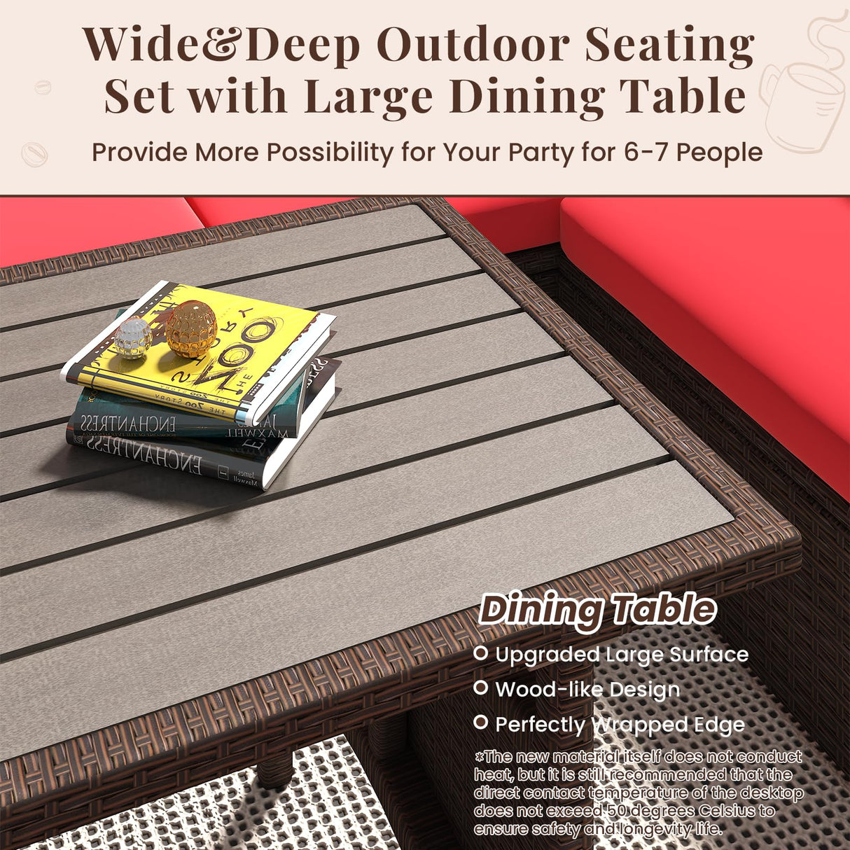 U-MAX Outdoor Patio Furniture Set,7 Piece Patio Sectional Sofa Set with Dining Table All-Weather Wicker Patio Conversation Sets(Brown Rattan & Red Cushion) U-MAX