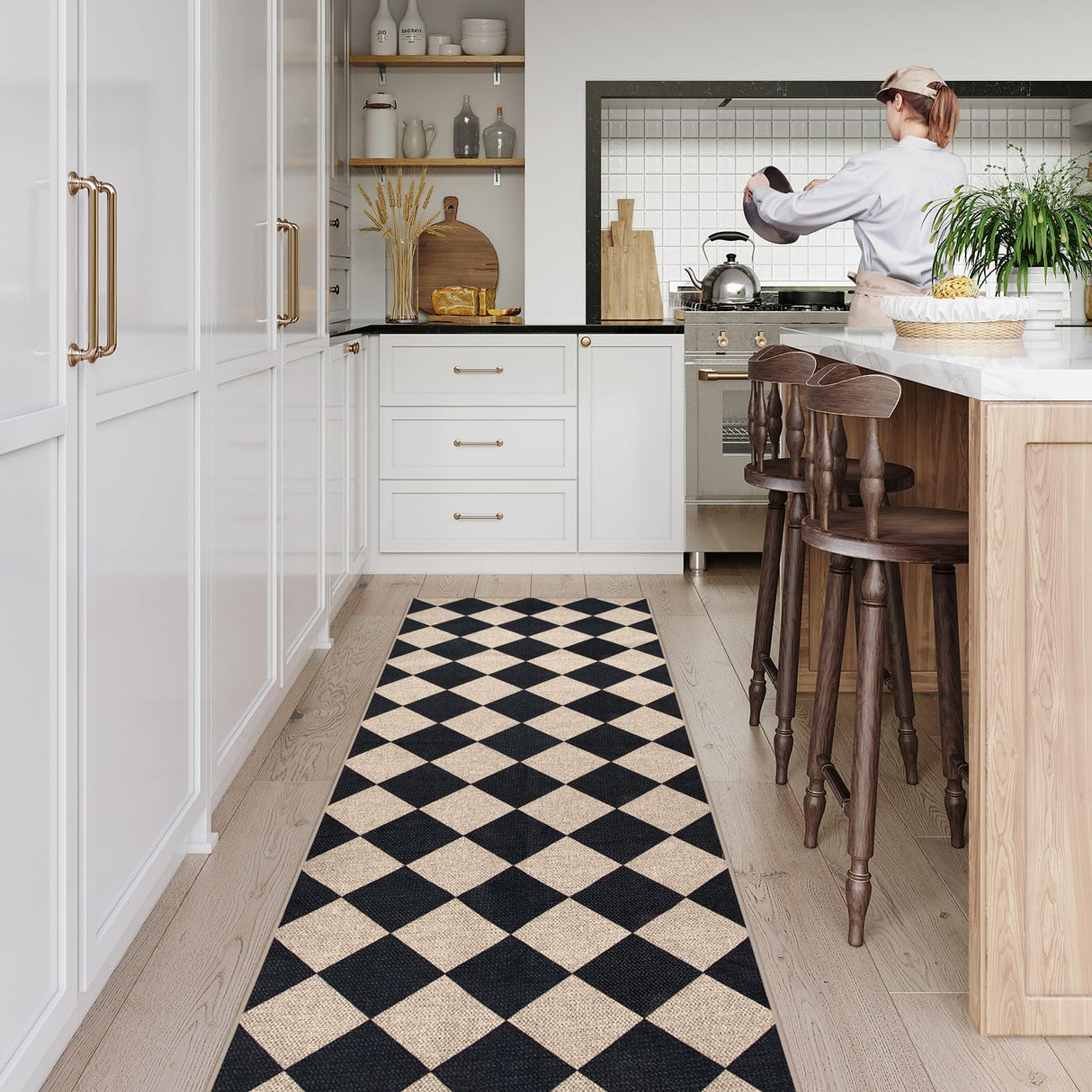 Lahome Checkered Easy Jute Runner Rug, 2x8 Hallway Kitchen Runner Rug Non Slip Washable Outdoor Carpet for Entryway Indoor, Checkerboard Black Indoor Outdoor Carpet for Hallway 8ft Entry Lahome