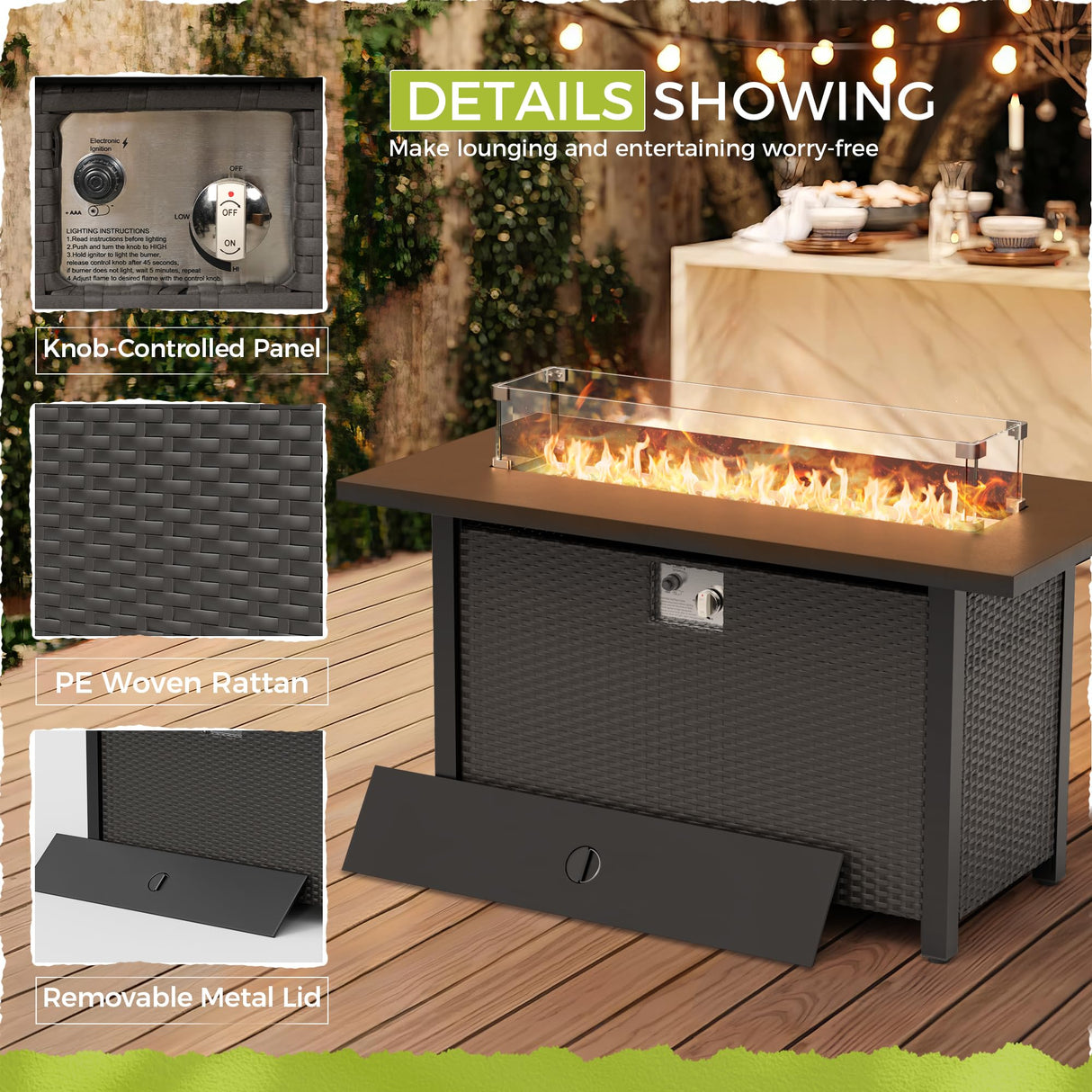 Crownland 8-Piece Outdoor Patio Furniture Sets with 45” Propane Gas Fire Pit Table, All-Weather Black Wicker Rattan Sectional Sofa with Coffee Table(Grey) Crownland