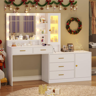 HAUOMS White Makeup Vanity with Lights Vanity Desk with Mirror, Large Vanity Table Set with Drawer Dresser, Charging Station & RGB Cabinets, Makeup Table with 5 Drawers and Storage Shelves, White