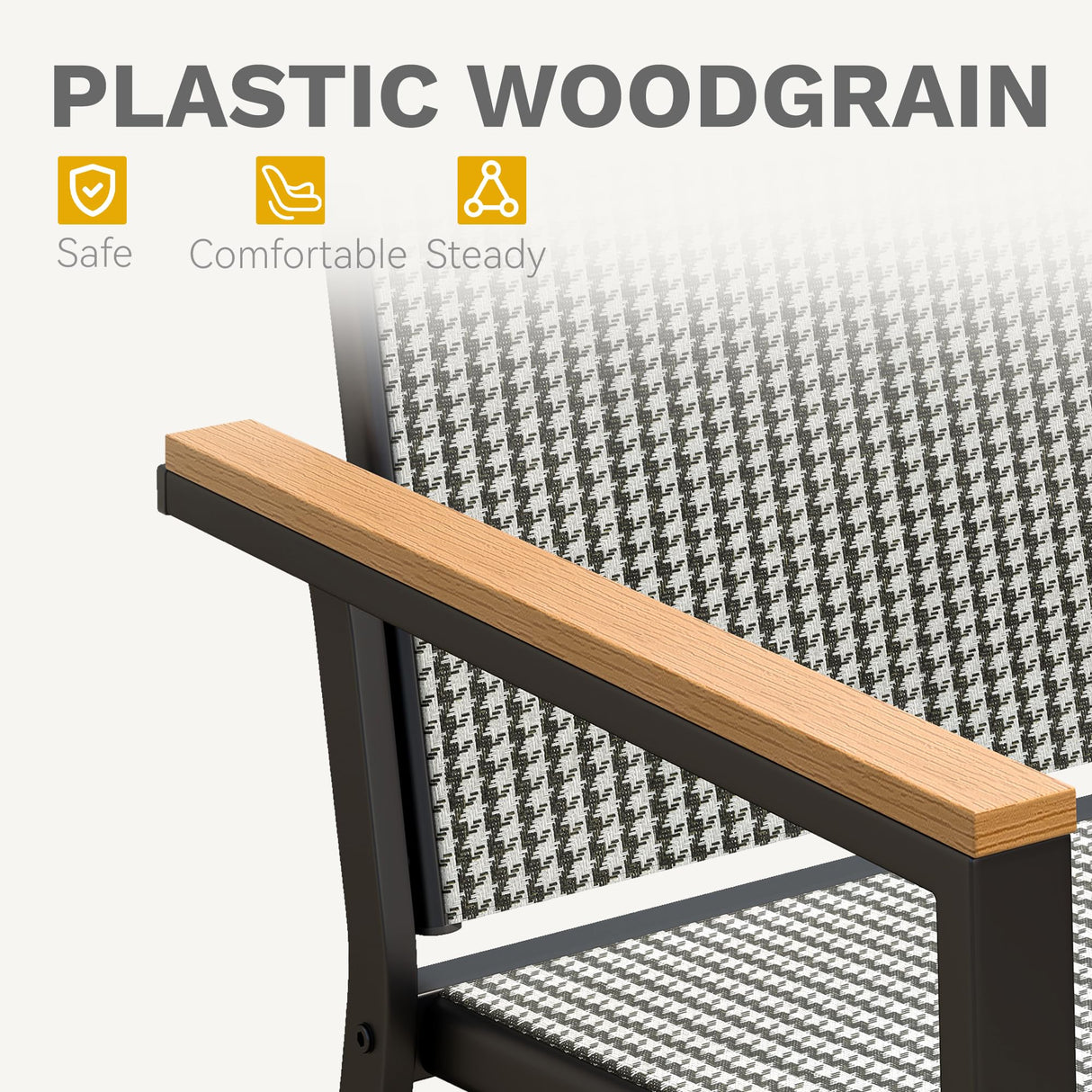 DWVO Stackable Patio Chairs Set of 2, All-Weather Patio Seating with Olefin Fabric and Faux Wood Armrests, Black & White Plaid Pattern DWVO