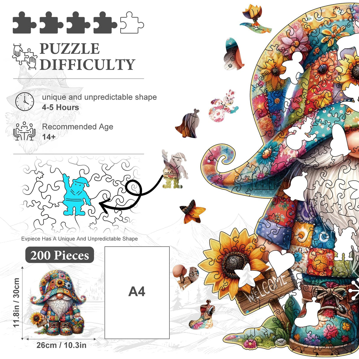 Hlison Wooden Jigsaw Puzzles, Gnome Wooden Puzzles for Adults with Unique Shape, Medium 10.3"x11.8" Wooden Puzzles with Exquisite Wooden Box Packaging Hlison