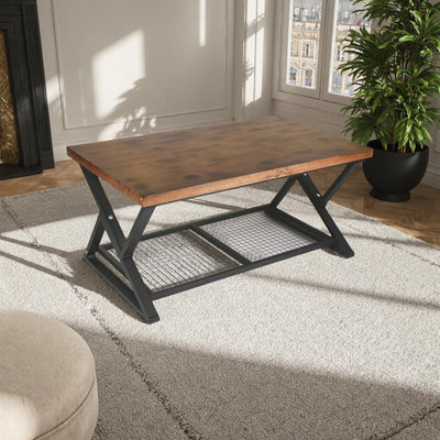 EASYSOUL Solid Wood Coffee Tables for Living Room, Farmhouse Coffee Table with Storage Shelf, 2-Tier Rustic Mid Century Coffee Table, 47.24 Inch Rectangle Center Table (Brow, 47.24")