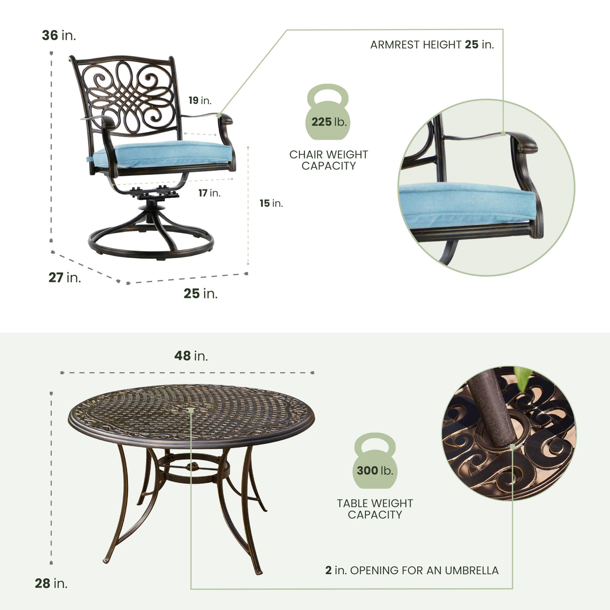 Hanover Traditions 5-Piece Rust Resistant Aluminum Patio Dining Set with Blue Cushions, Swivel Rockers and Aluminum Round Dining Table, Outdoor Dining Set for 4 Hanover