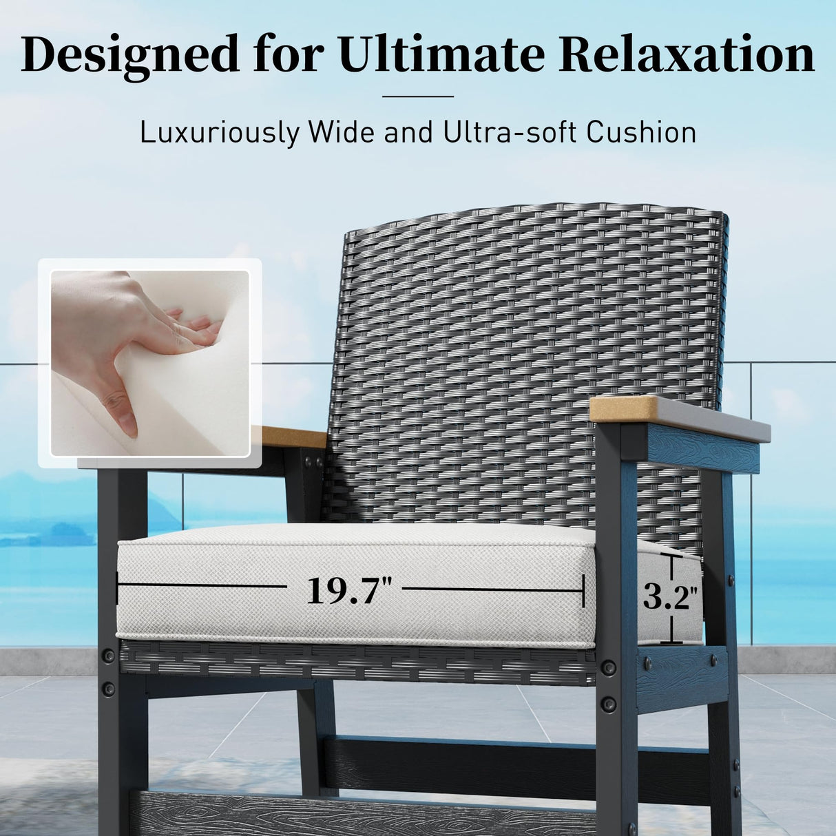 7 Piece HDPE Outdoor Dining Set for 6, 64” All Weather Wood-grain Dining Table, 6 Wicker Rattan Chairs with 3.2” Waterproof Cushion, Patio Table and Chairs Set for Backyard and Deck, Black SUNSHINE VALLEY