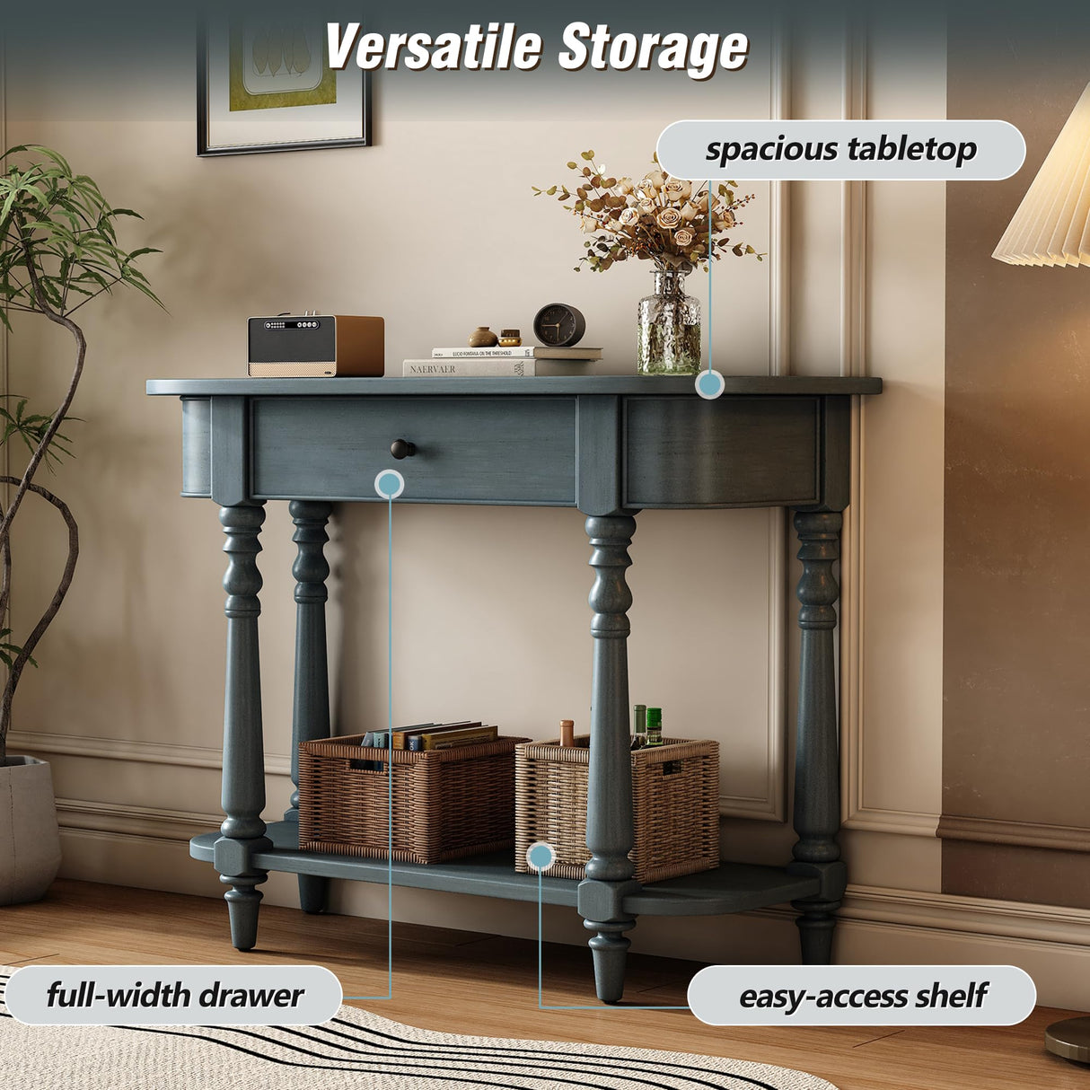 HZXINKEDZSW Retro Corner Curved Console Table Sofa Table with Top Drawer and Open Shelf, Wood Entryway Table with Spindle Shape Legs for Narrow Hallway Living Room Foyer Entranc (Navy) HZXINKEDZSW