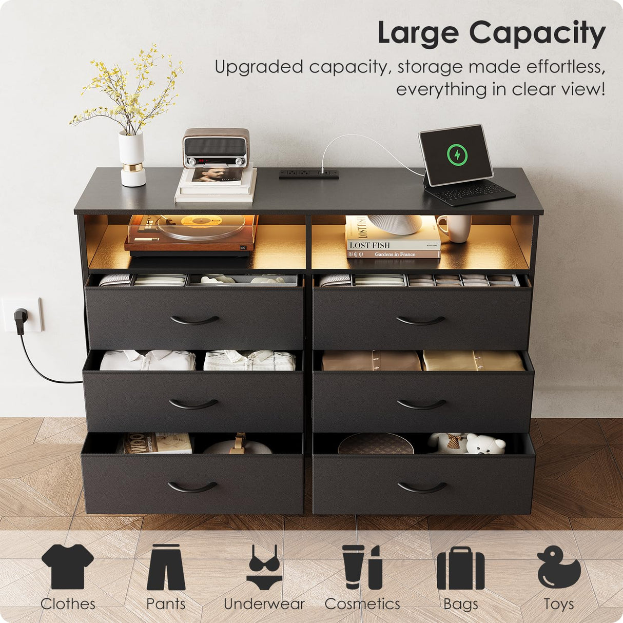 OtterOasis Dresser for Bedroom with LED Lights and Charging Station, Fabric Black Bedroom Dresser 6 Long Drawers Dressers, Tall Wide Chest of Drawers TV Stand OtterOasis