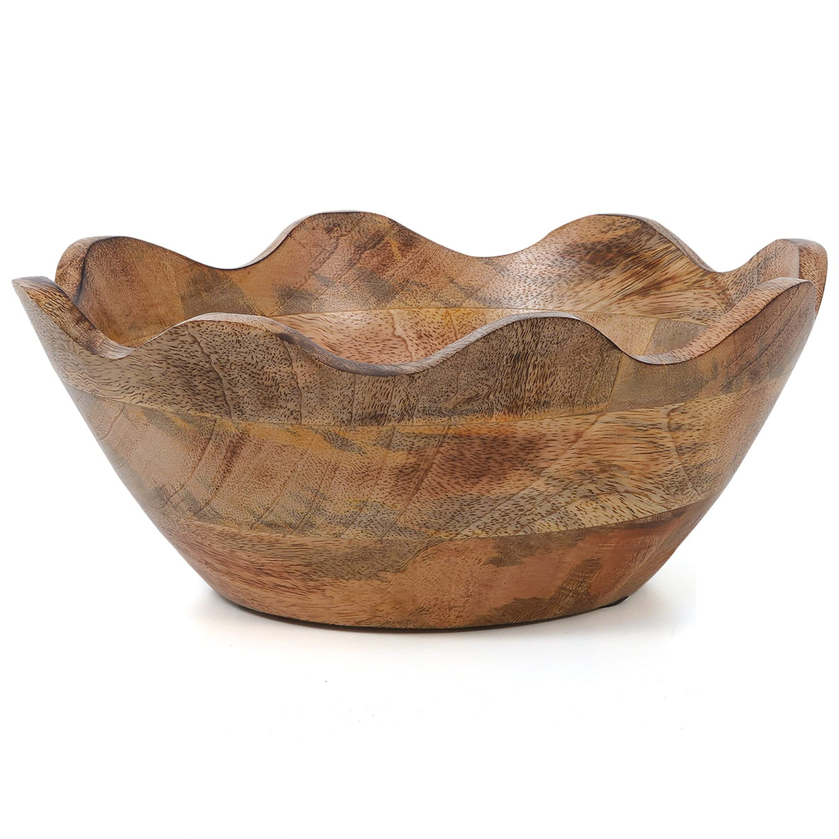 Mela Artisans Wooden Scalloped Bowl - Medium | Ruffle Decorative Style | Rustic Kitchen Decor | Mango Wood | Natural Grain Finish | Fits Bread, Fruits, Salad or Popcorn | 10” x 4” x 9” Mela Artisans
