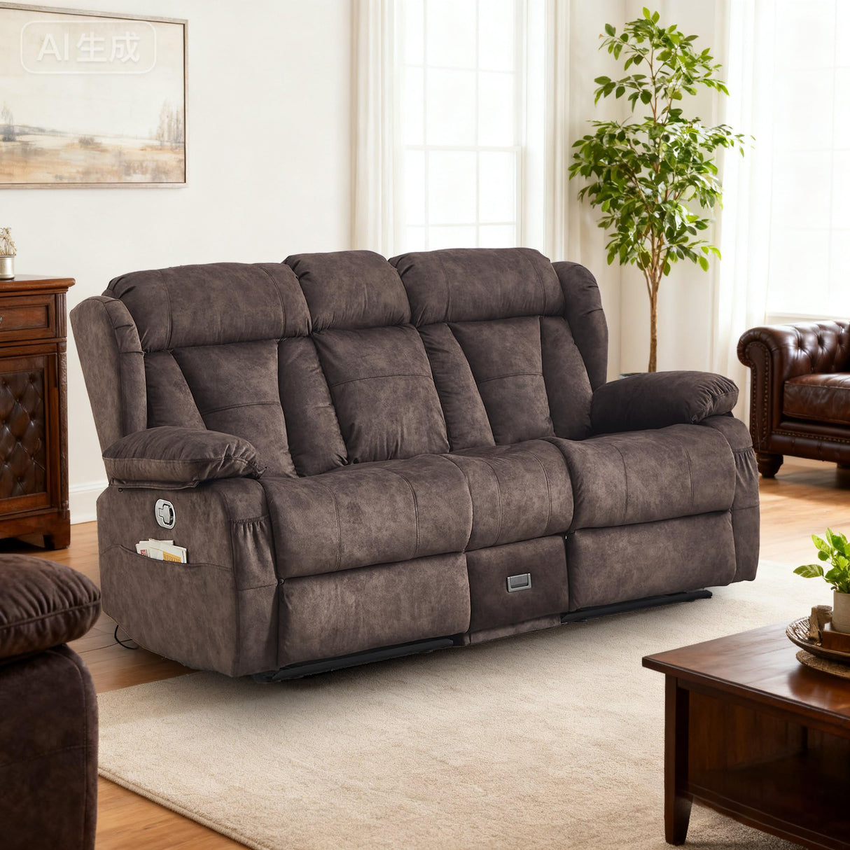 Alukang Loveseat Recliner Sofa, Manual Loveseat Reclining with Console for Living Room, RV Recliner Couch with Cup Holder/AC/USB C/USB and Drawer, Home Theater Velvet Reclining Love seat Couch (Brown) Alukang