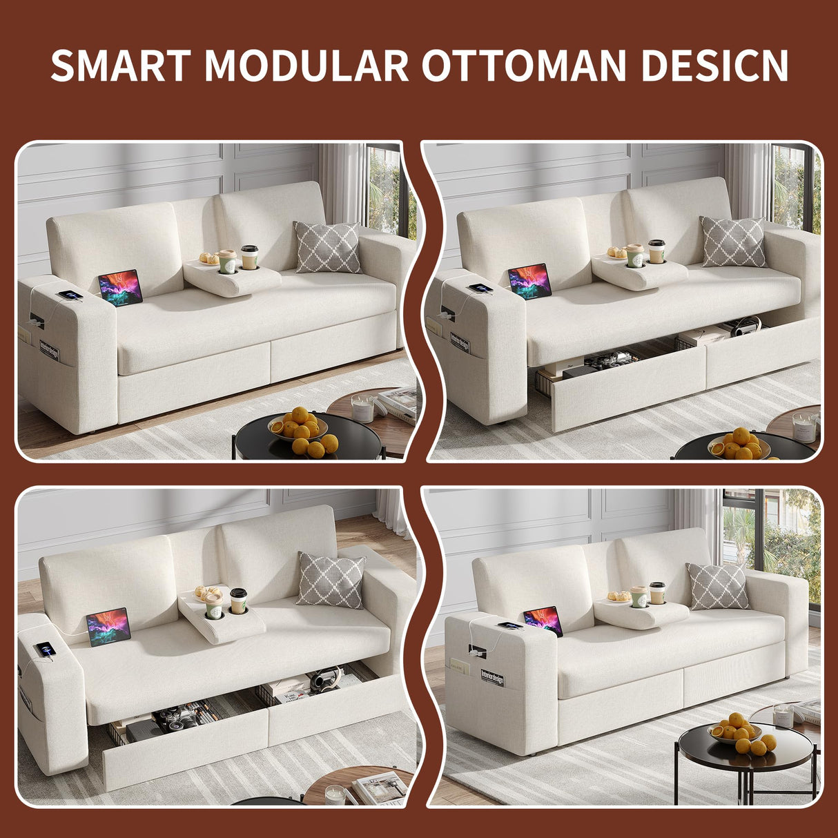 Maupvit 75” Loveseat Sofa with 2 Drawers, USB & Type-C Charging Port, Comfortable Linen Living Room Couch with Small Table Board, Upholstered Small Settee Fits Bedroom, Office,Beige Maupvit