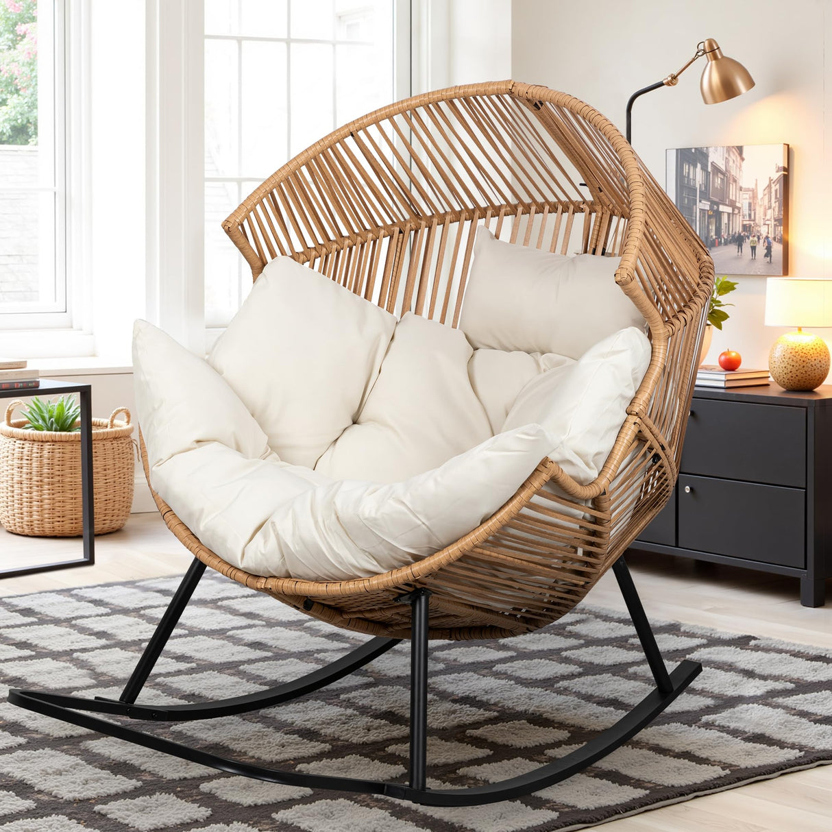 Vongrasig Wicker Rocking Egg Chair PE Rattan with Cushion, Oversized Patio Lounge Rocker Chair for Outdoor, Indoor, Balcony, Backyard, Garden, Beige Vongrasig