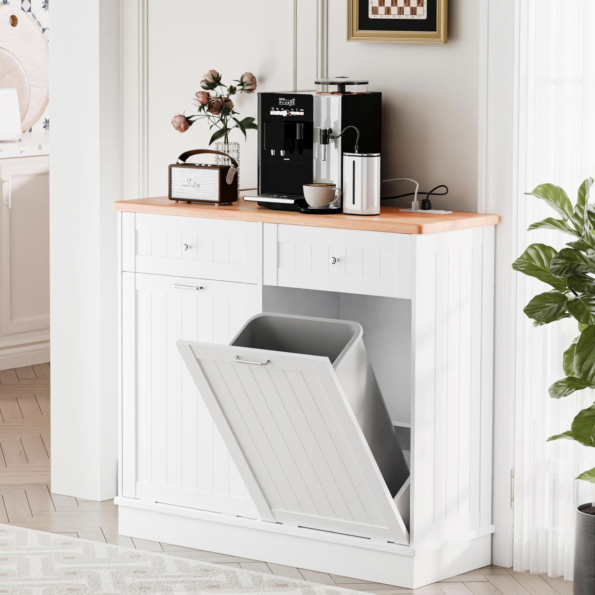 Betterhood Double Tilt Out Trash Cabinet with Power Outlet, 10 Gallon Trash Cabinet with Storage,Pet Proof Trash Can with 2 AC & USB Sockets for Kitchen,Living Room (White) Betterhood