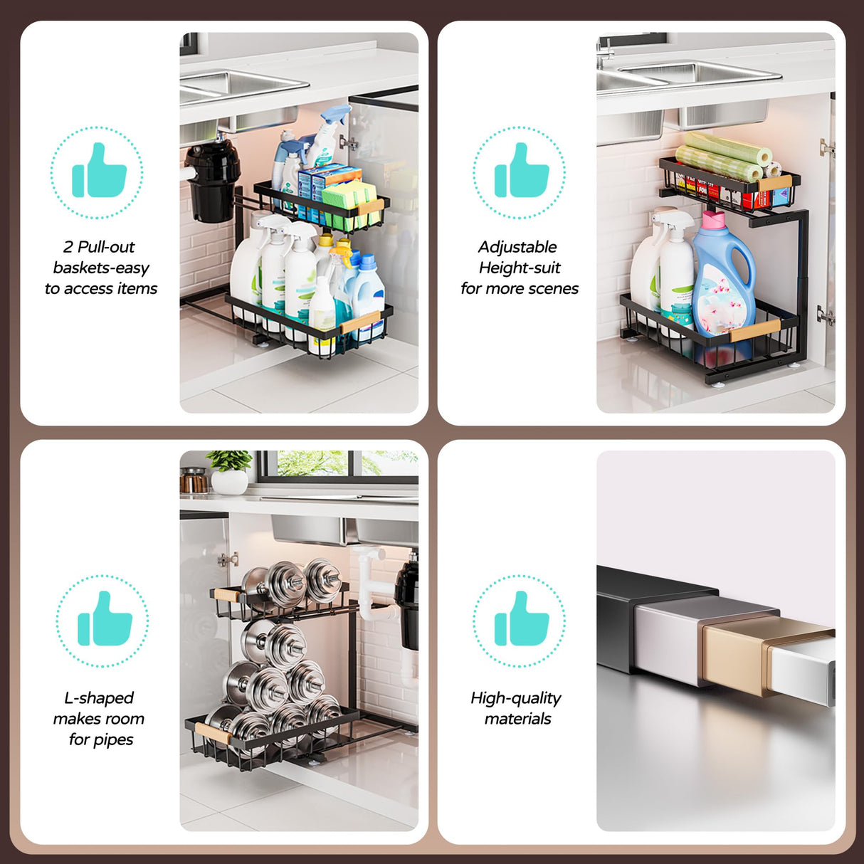 ADBIU Under Sink Organizer, 2 Pack 2 Tier Expandable Height (13.2" - 17.2") Pulling Out Kitchen Bathroom Cabinet Organizers ADBIU