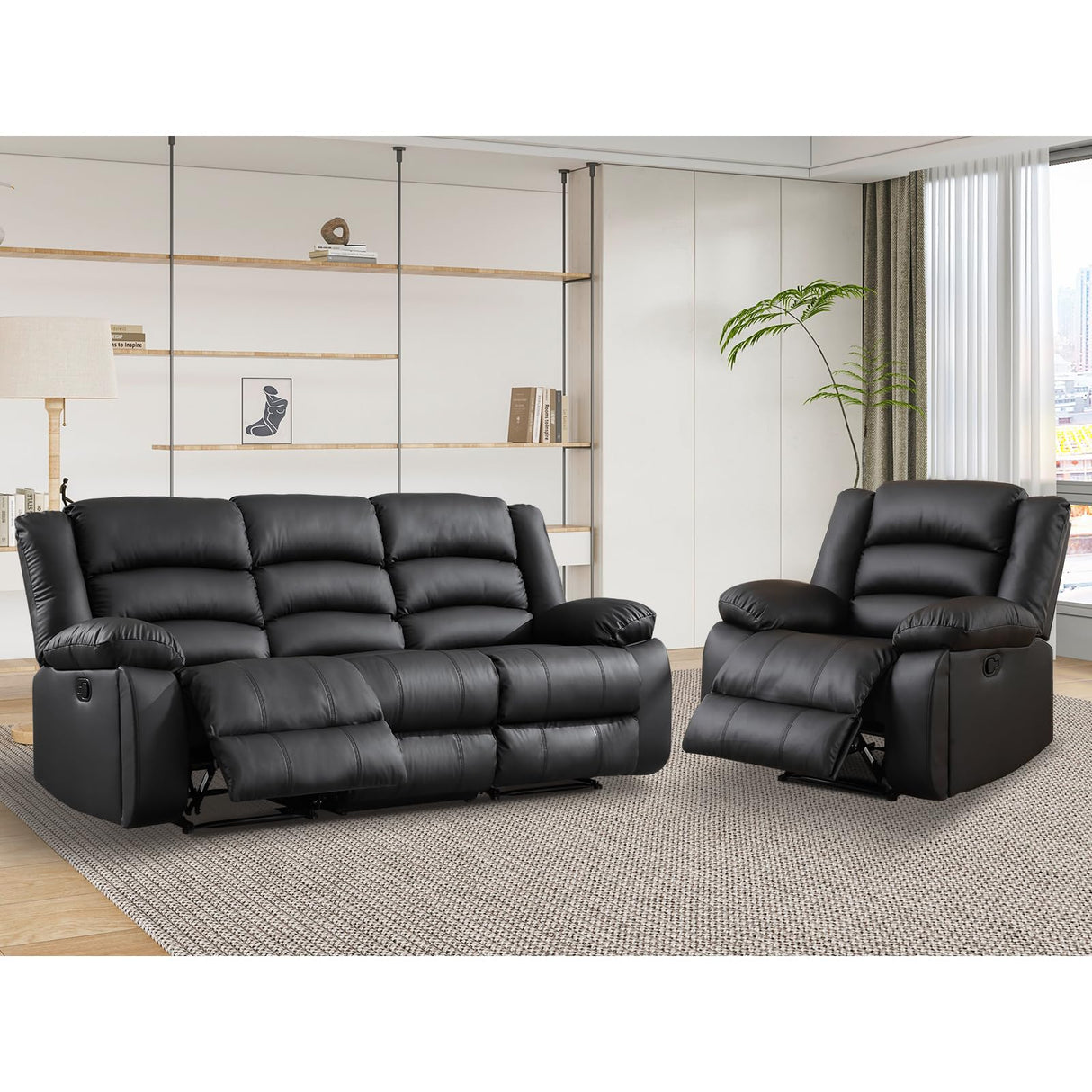 EBELLO Faux Leather Manual Recliner Sofa Set, 3 Seat Reclining Sofa, Couch Furniture Set for Living Room, Black EBELLO