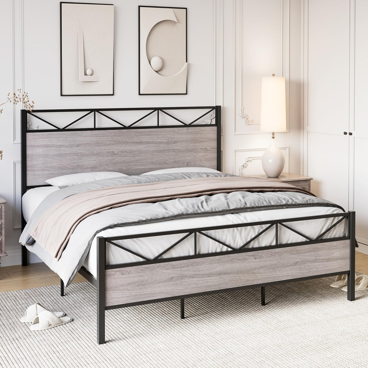 GAOMON Light Gray Woodgrain Metal Platform Bed Frame with Extra Storage and Noise-Free Assembly GAOMON