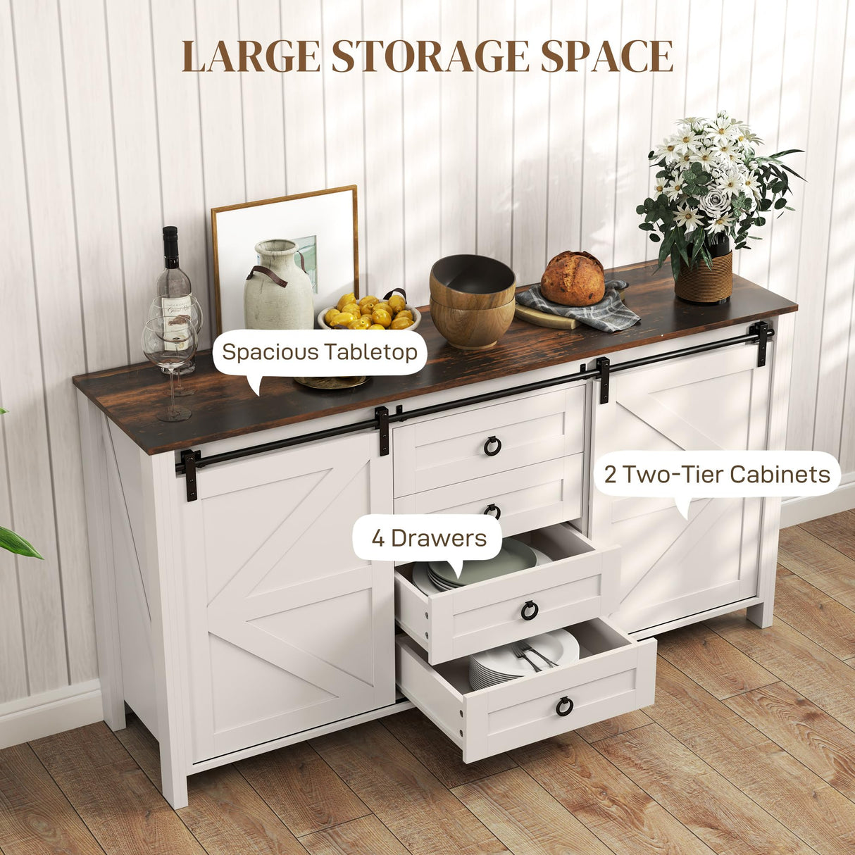 HOMCOM 60" Farmhouse Sideboard Buffet Cabinet with Storage, Kitchen Cabinet with 2 Sliding Barn Doors, 4 Deep Drawers and 2 Adjustable Shelves, Coffee Bar Cabinet, Distressed Cream White HOMCOM