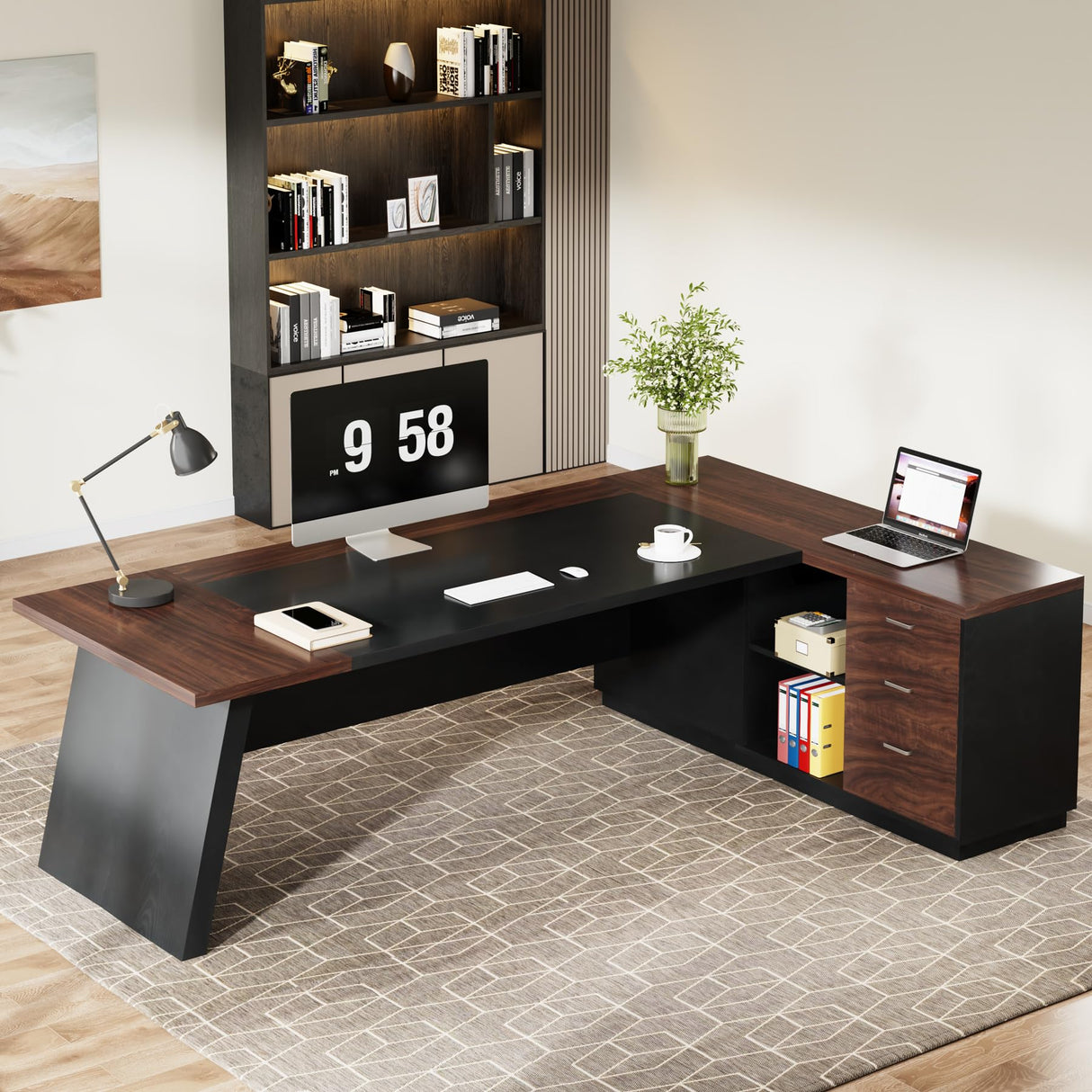 Tribesigns 78" L-Shaped Executive Desk, Large Office Desk with Drawers and Lateral File Cabinet, Business Furniture with Storage Shelves, Modern Computer Desk for Home Office, Walnut & Black Tribesigns