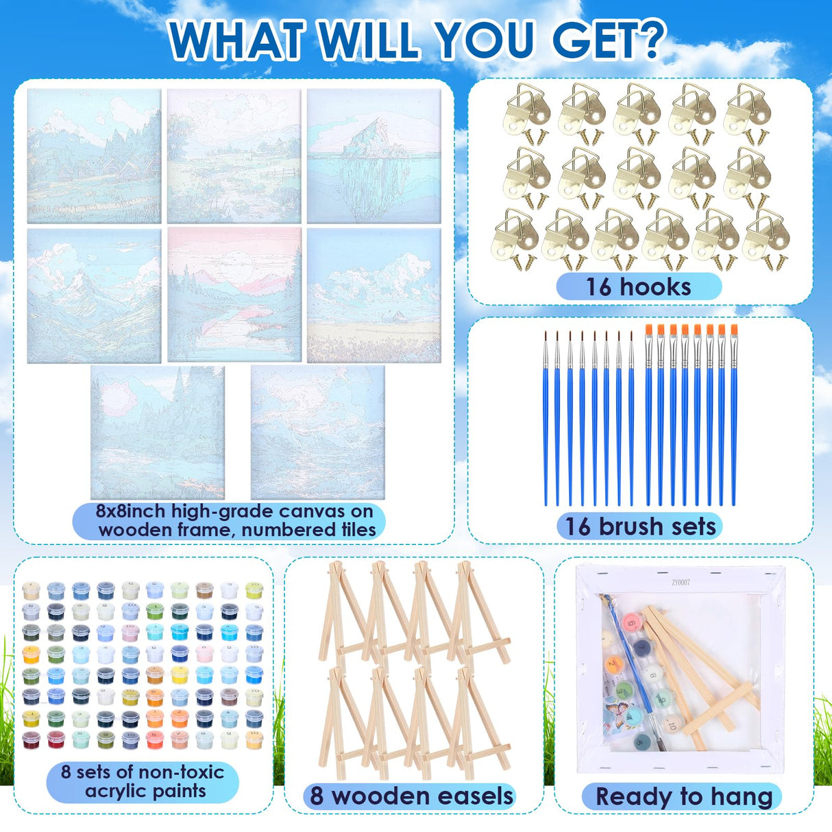 RoundFunny 8 Set Paint by Numbers Kit for Adults with 8x8 Inch Mini Simple Painting Canvas Wooden Frame Easel Acrylic Paints Brushes Funny Numbers Drawing Kit for Gift Home Wall Decor(Landscapes) RoundFunny