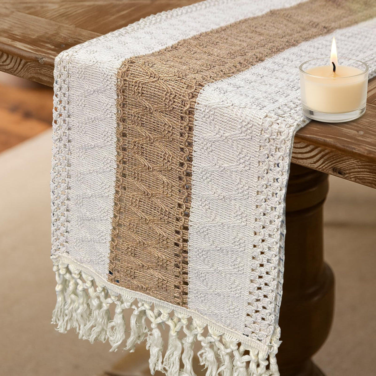 Vanzard Boho Table Runner for Thanksgiving Fall Christmas Home Decor with Tassels 72 Inches Long , Farmhouse Rustic Table Runners for Bohemian Kitchen Dining Table(12x72in) Vanzard