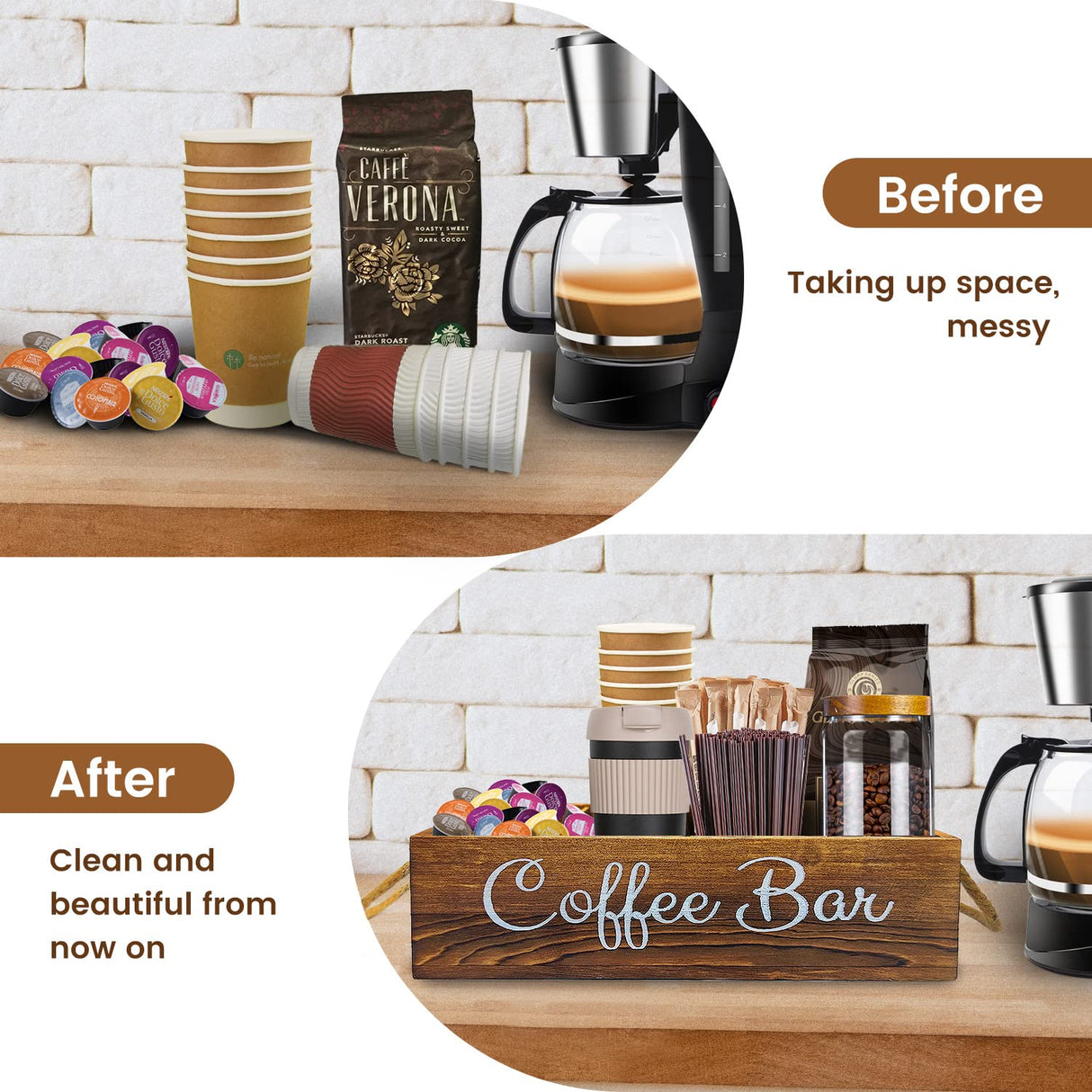 QUALLON Coffee Station Organizer with Small Removable Dividers, Wooden Coffee Bar Accessories Storage For Countertop, Farmhouse Kcup Coffee Pod Holder Basket With Handle For Coffee Lover QUALLON