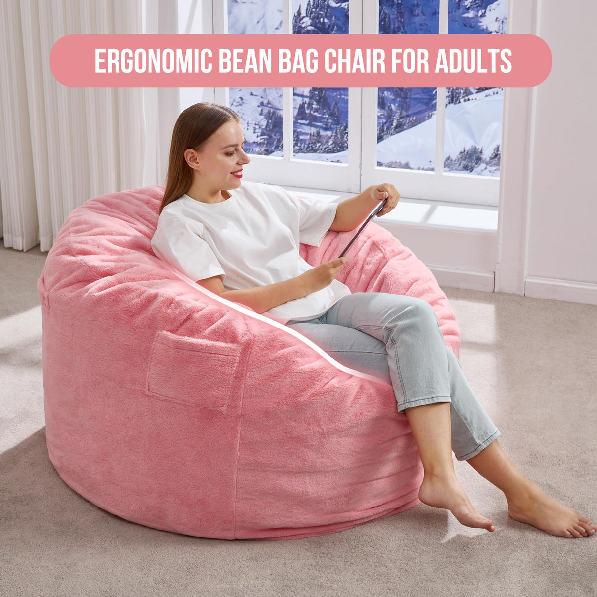 Hobestluk 3ft Bean Bag Chairs for Adults Large Beanbag Chair with Plush Faux Fur Cover Big Bean Bag Chair for Living Room Bedroom Dorm Office -Pink (36” x 36” x 22”) Hobestluk