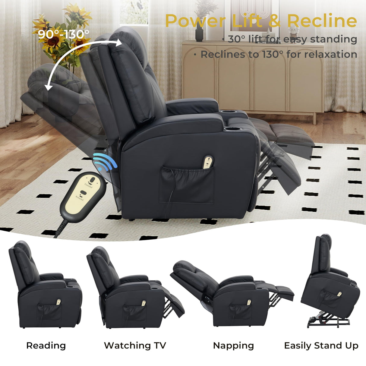 VUOVUS Power Lift Recliner Chair for Elderly, PU Leather Electric Lift Chair with Remote Control, Adjustable Footrest & Lumbar Support, Living Room Recliner with Cup Holders & Side Pockets (Black) VUOVUS