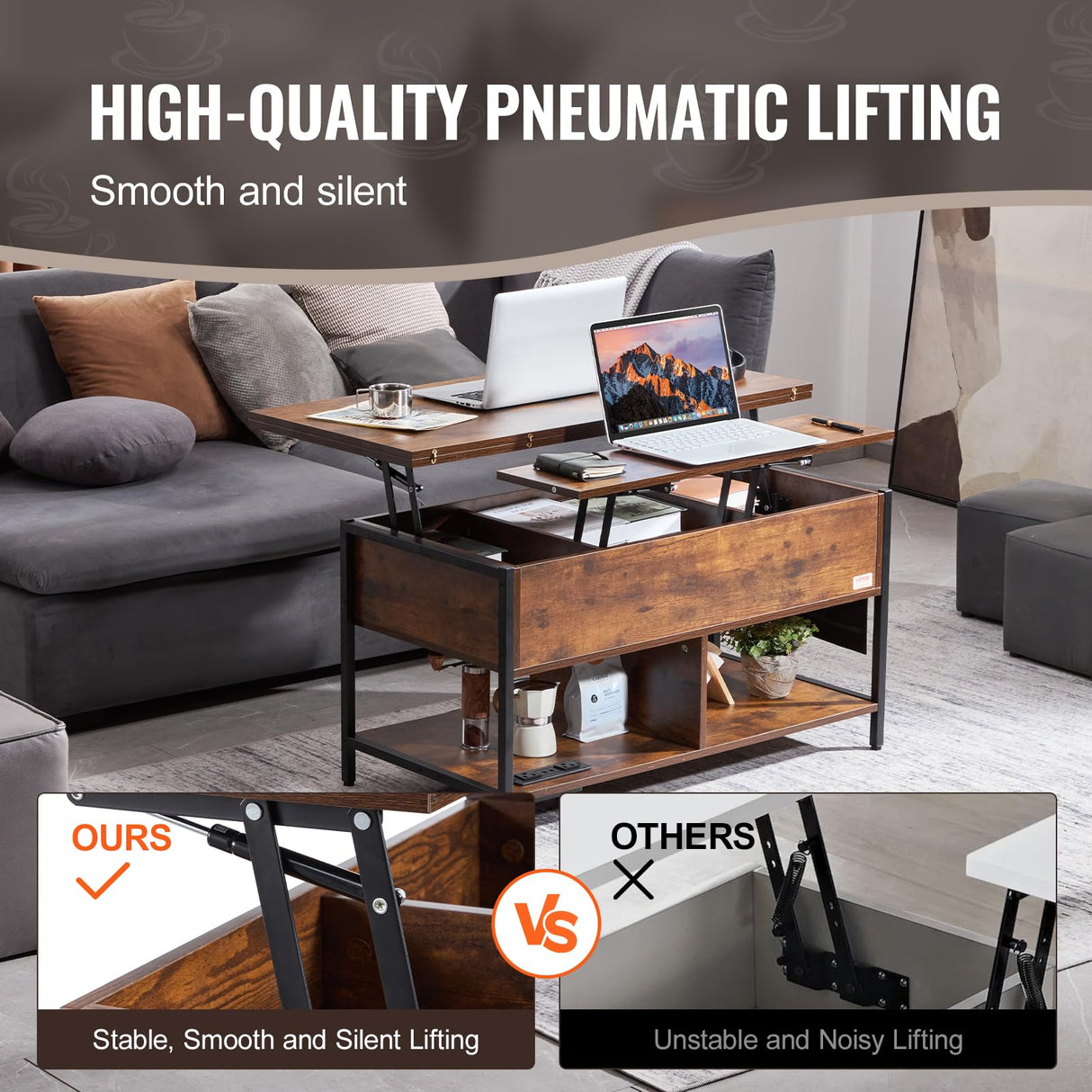 VEVOR 4-in-1 Lift Top Coffee Table with USB/Power Outlet/LED Light, Multi-Function Convertible Coffee Table with Storage and Hidden Compartment, Converts to Dining Table for Living Room, Home Office VEVOR
