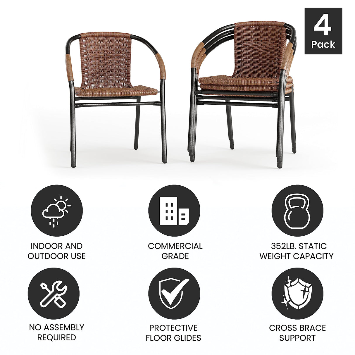 Flash Furniture Lila Modern Rattan Indoor/Outdoor Stackable Dining Chairs, Stacking Rattan Bistro Chairs for Patio or Restaurant, Set of 4, Brown Flash Furniture