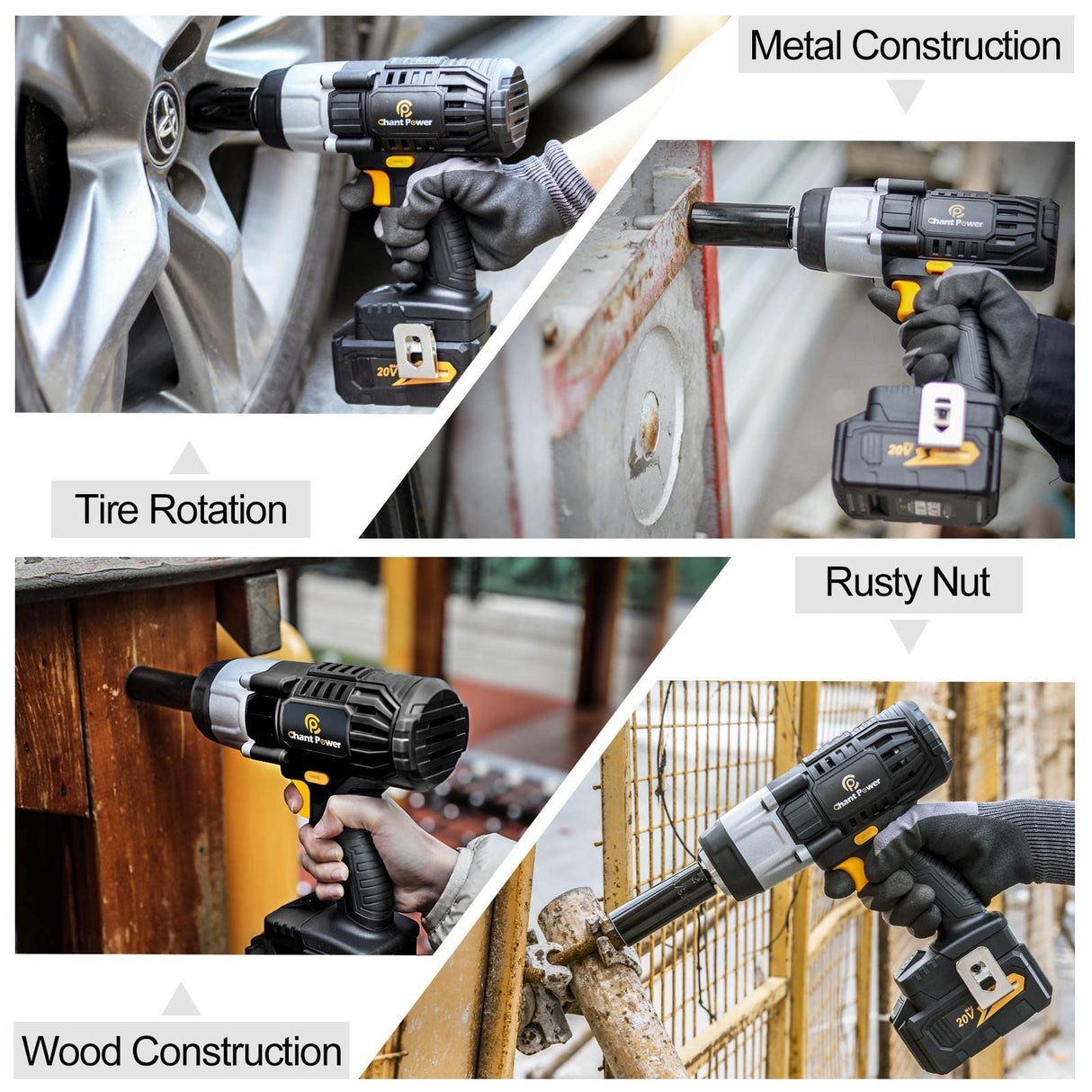 C P CHANTPOWER 20V Cordless Impact Wrench with 1/2” Chuck, Strong Motor Max Torque 450N.m, 4.0Ah Lithium-ion Battery, Variable Speed, 4PCS Sockets, Fast Charger and Tool Bag Included C P CHANTPOWER