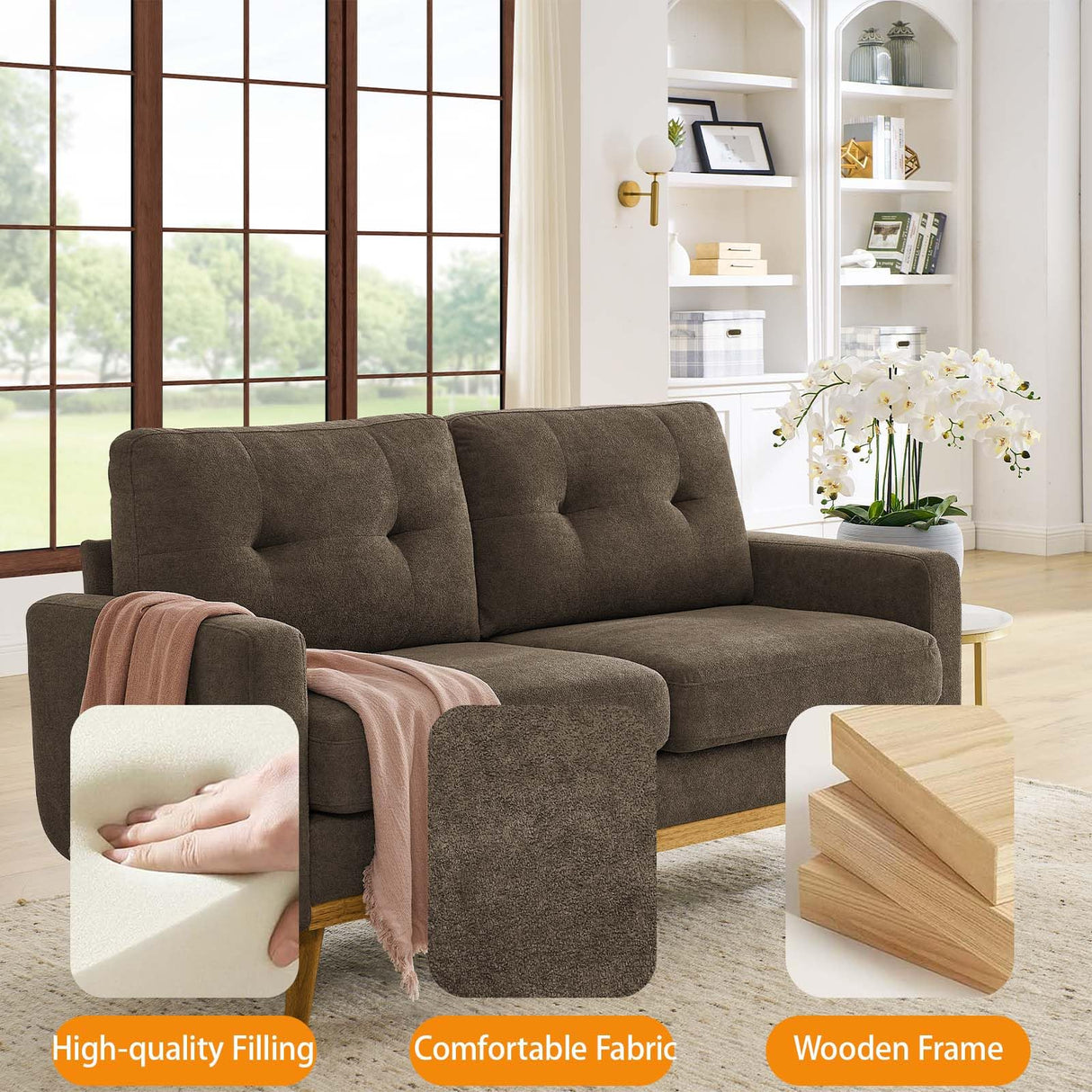 Japovker 67.7" Mid-Century Modern Loveseat Sofa, 2-Seat Mini Upholstered Love Seat Couch, Comfy Small Couch with Wooden Legs and Tufted Back for Living Room Bedroom Office Apartment(Brown) Japovker