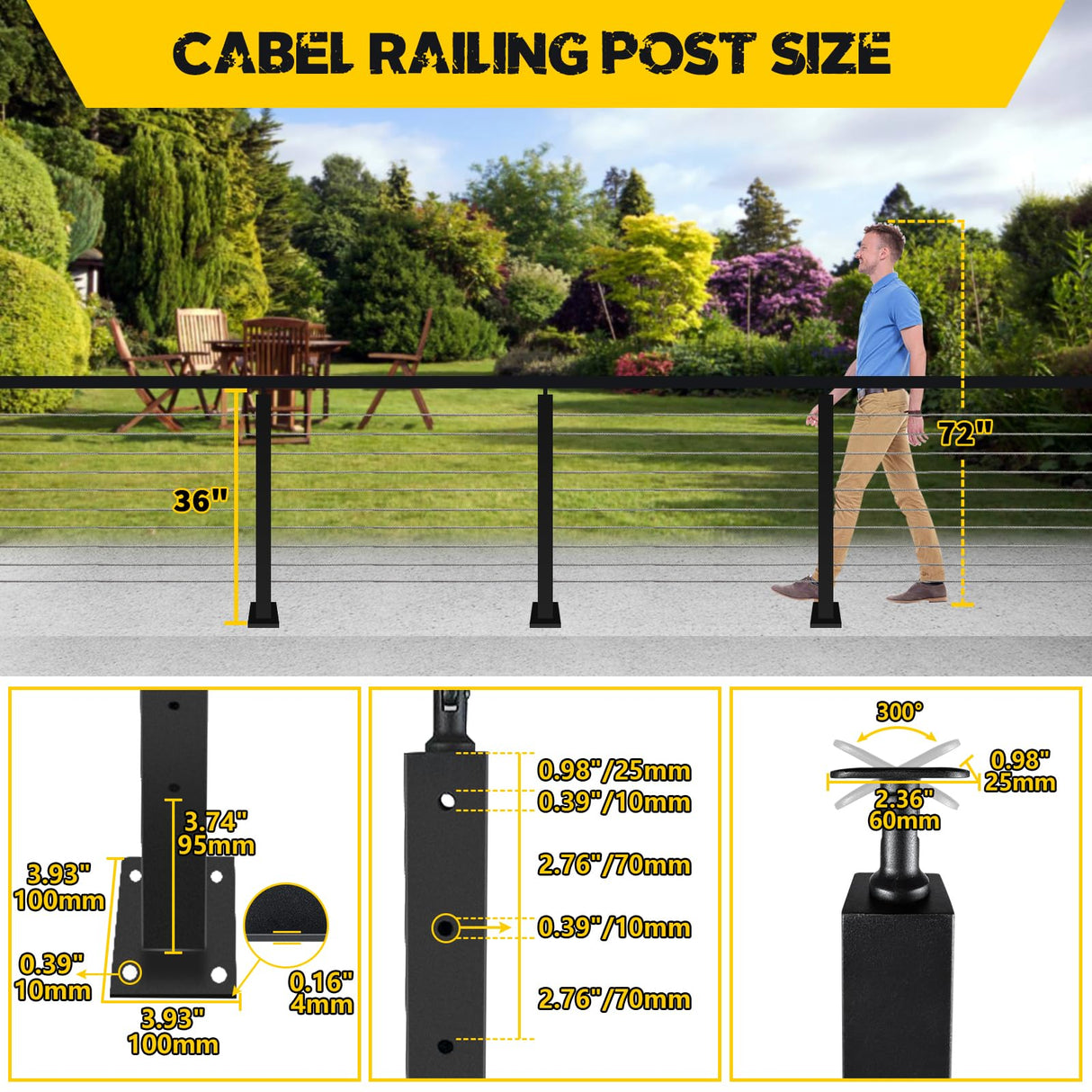 VEVIVOOVY Stainless Steel Cable Railing Post 36"(Post 34"x2"x2"),Level Drilled Railing Post with Adjustable Top Mount Cable Handrail Post,DIY Black Railing Post for Decks,Porchs,Balconies -6Pack VEVIVOOVY