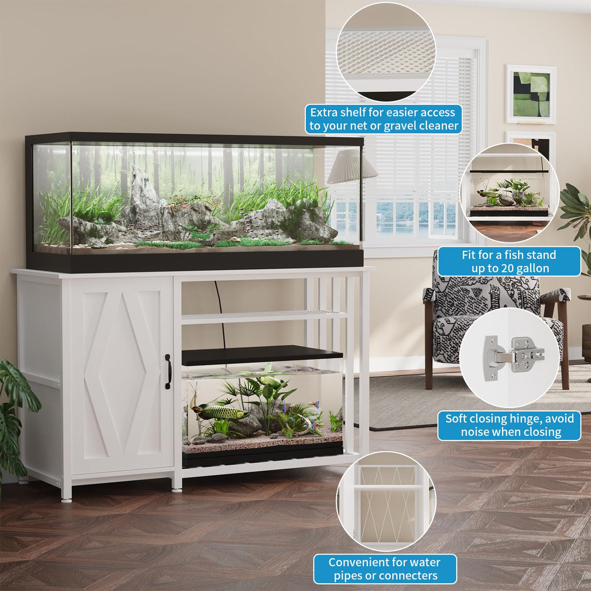 VOWNER 55-75 Gallon Fish Tank Stand, Aquarium Stand with Power Outlets, Cabinet for Fish Tank Accessories Storage, Heavy Duty Metal Frame, Suitable for Fish Tank, Turtle Tank, 1200LBS Capacity, White VOWNER