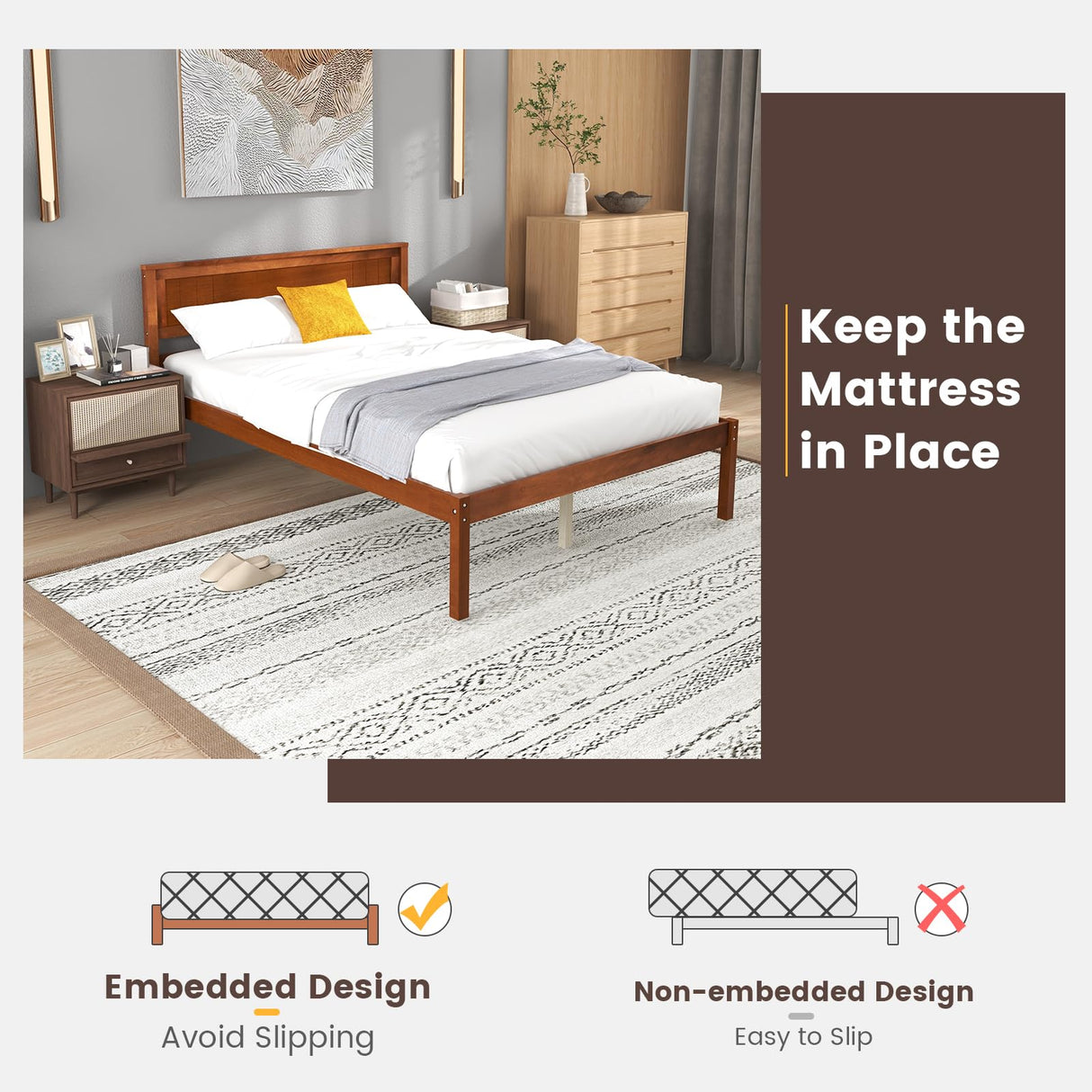 KOMFOTT Full Size Wood Platform Bed Frame with Headboard, Solid Wood Bed Frame with Slat Support, 7-Leg Support, Under Bed Storage, 16-Inch Mattress Foundation Bedroom Furniture, No Box Spring Needed KOMFOTT