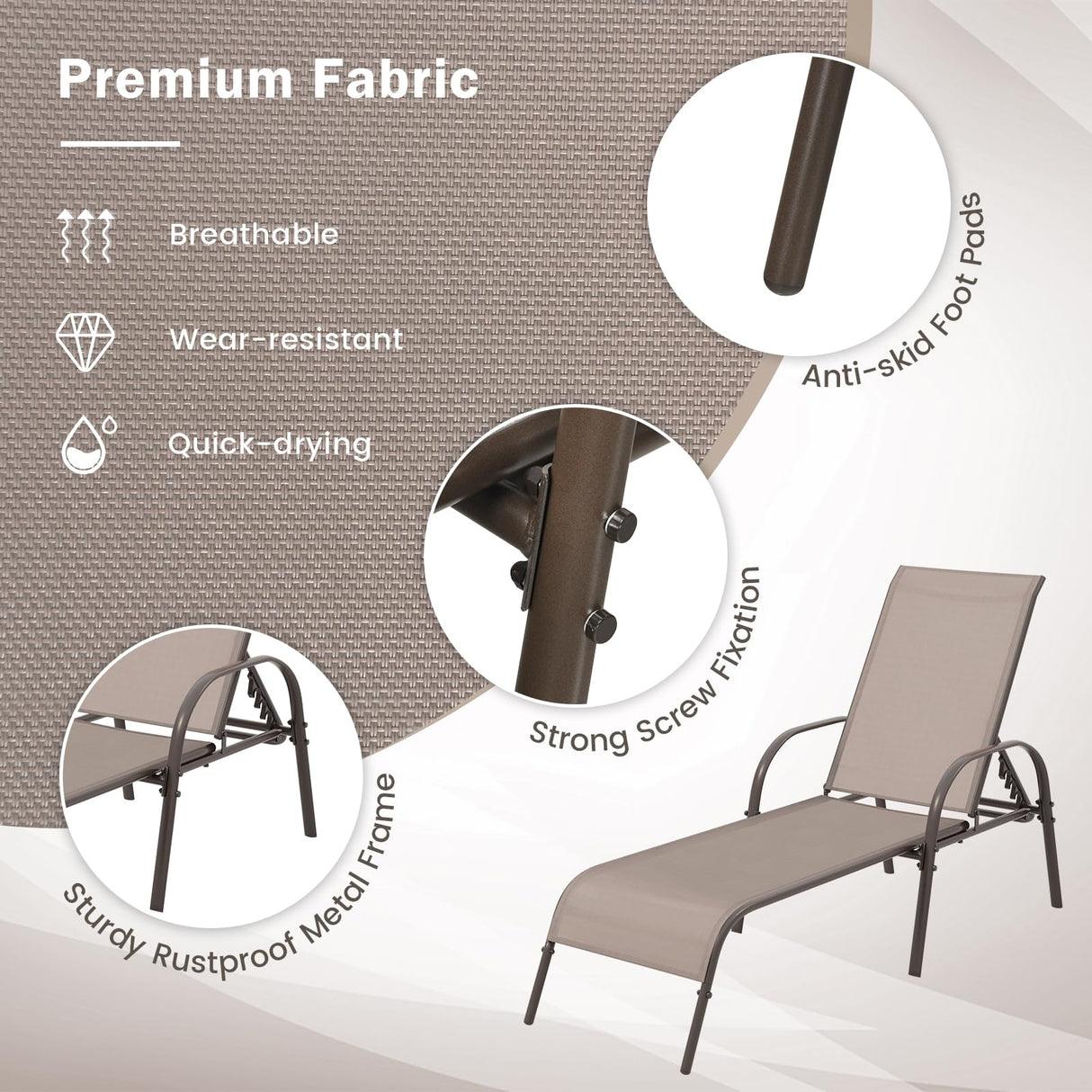 Giantex 2 Pack Patio Lounge Chair, Outdoor Chaise Lounge with 5 Adjustable Backrest, Sturdy Steel Frame, Sunbathing Recliner, Beach Chair, Tanning Chair for Outside, Yard, Balcony, Pool Chairs, Brown Giantex