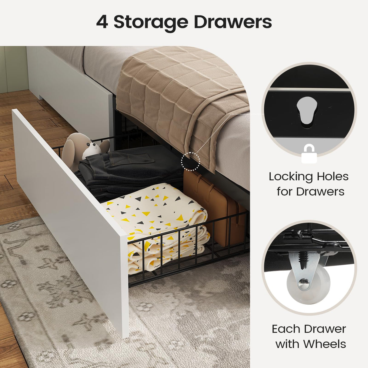 AOGLLATI Farmhouse Bed Frame Full Size with 4 Storage Drawers and Charging Station, Wooden Full Size Bed Frame with Hidden Space Bookcase Headboard and Led Lights & Metal Slats, White AOGLLATI