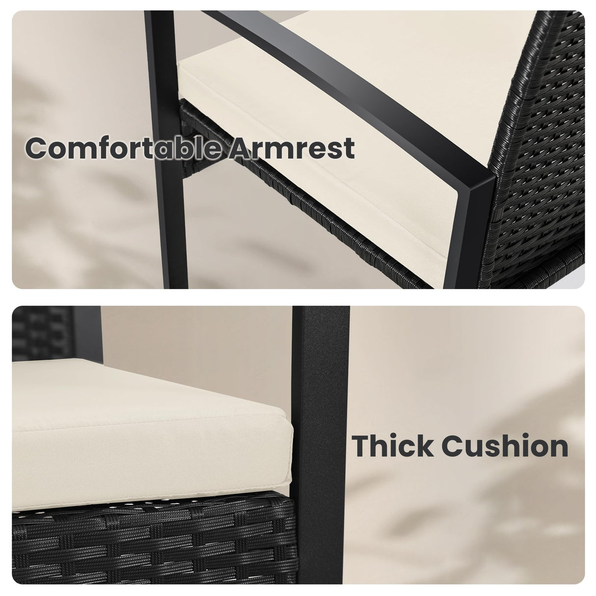 Murago 3 Pieces Wicker Patio Bistro Sets, Rattan Conversation Set with Coffee Table, for Balcony, Porch, Garden, Yard, Poolside, Black Frame with Beige Cushion Murago