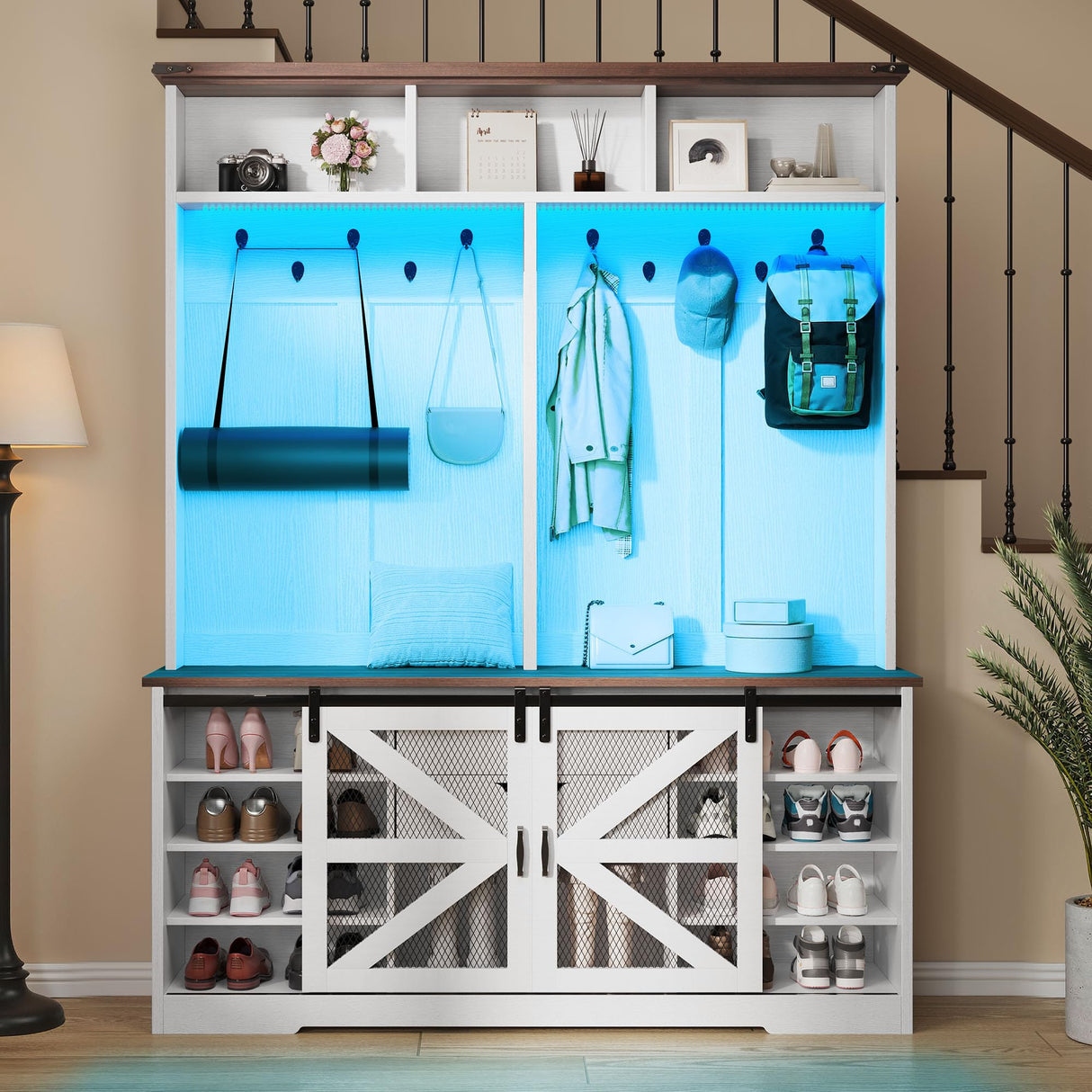 DWVO 59" Wide Hall Tree with Bench and Storage for Hallway Entryway, Coat Rack with Adjustable LED Light, Sliding Barn Doors, 10 Shoe Cubbies & 10 Coat Hooks for Bedchamber Living Room (Rustic White) DWVO