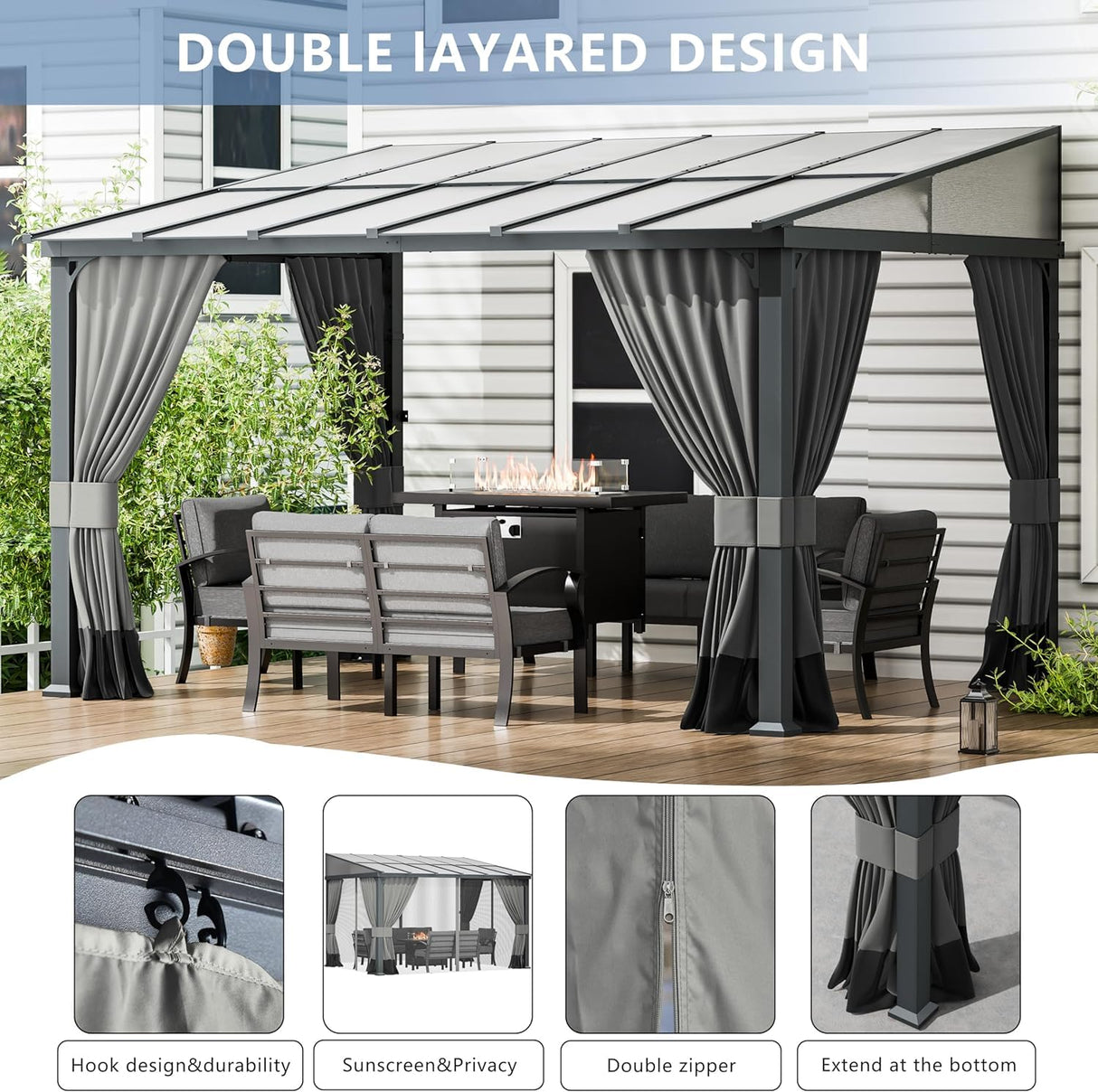 ASJMR Outdoor Lean to Gazebo 10x24FT, Hardtop Wall Mounted Gazebo with Sloping Sun Panel Roof, Awnings for Patio with Metal Frame, Double Curtains for Garden, Lawn, Backyard Deck ASJMR